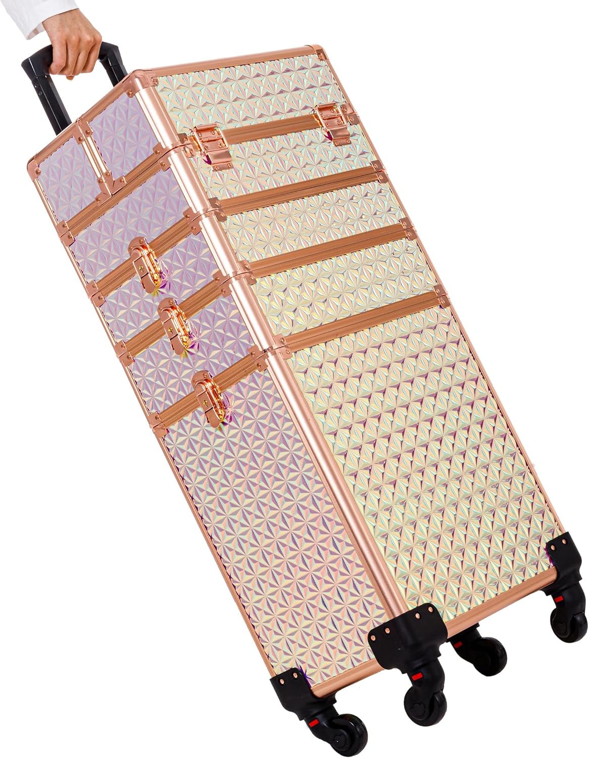 Estuche de maquillaje profesional 5 en 1, estuche de aluminio para cosméticos, estuche de maquillaje con ruedas giratorias de 360 , Con color,