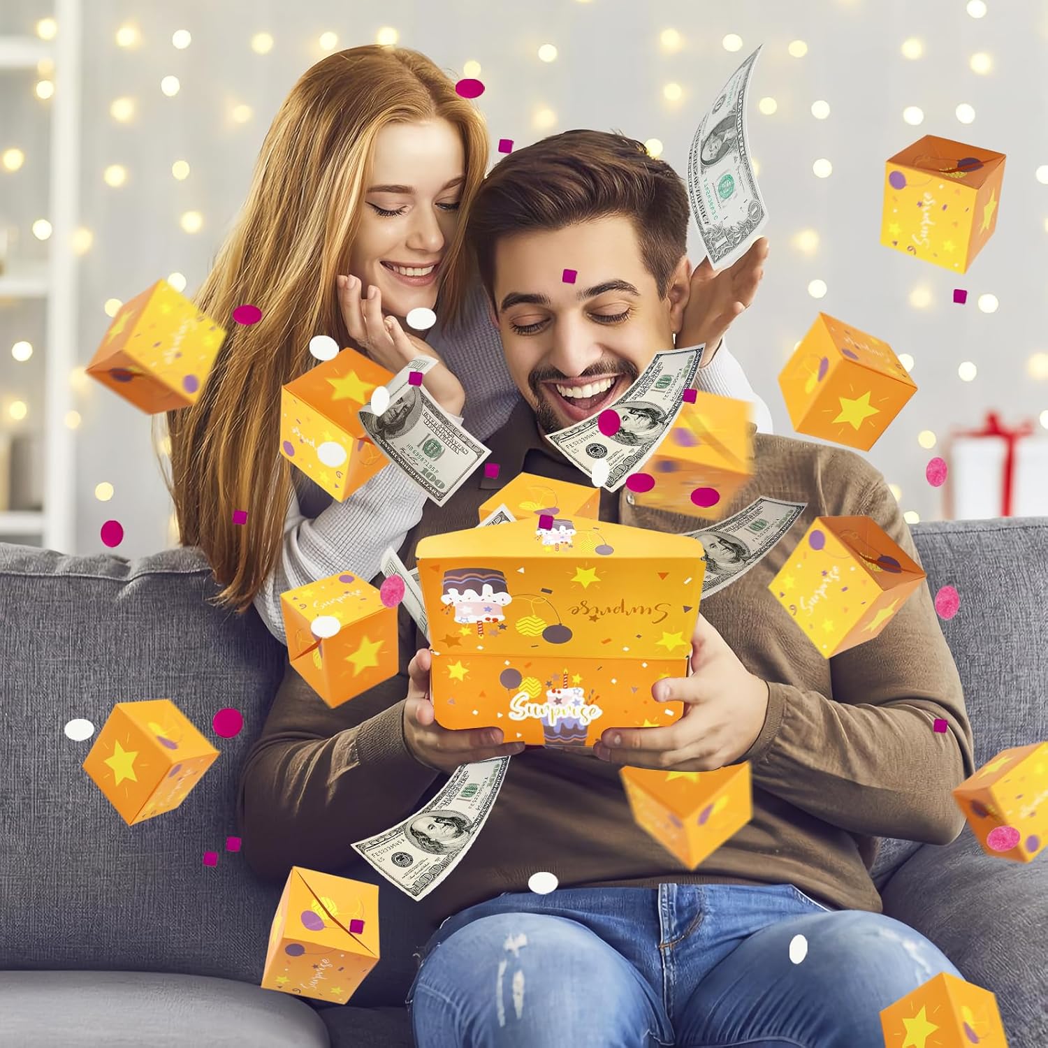 Caja de regalo sorpresa con explosión de dinero, caja de regalo única plegable de sobre rojo con confeti, caja de regalo de lujo de explosión en