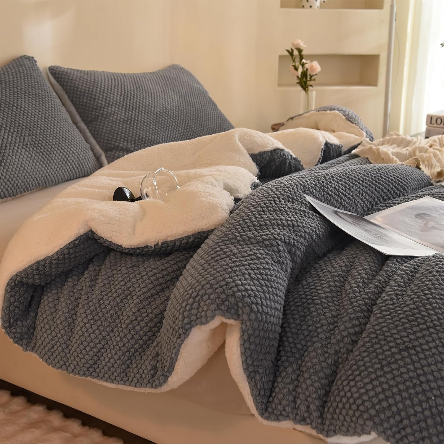 Juego de edredón de diseño jacquard 3D, ultra suave, cálido, tamaño Queen, felpa de piel sherpa, juego de 3 piezas, ropa de cama acogedora de lujo