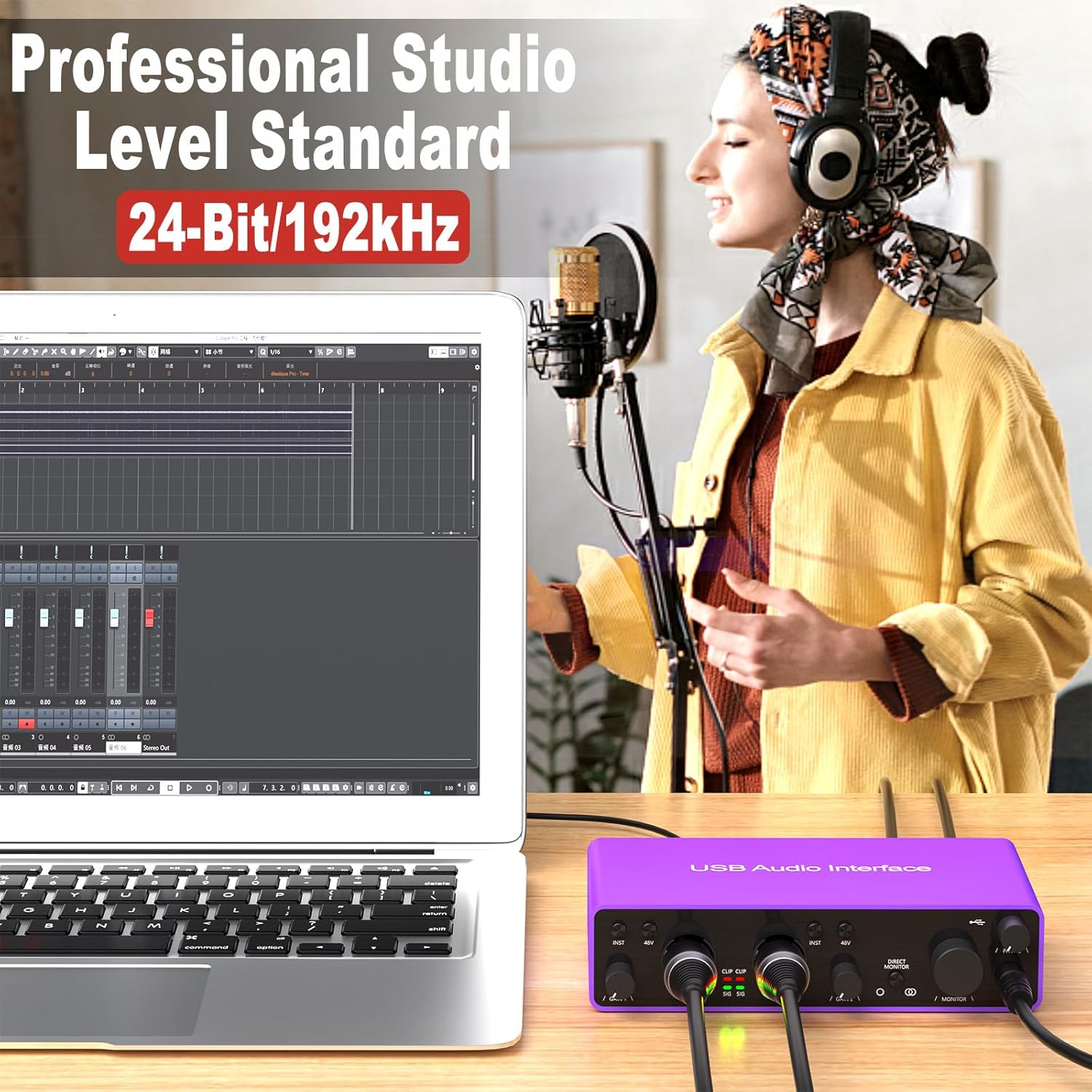 Interfaz de audio USB 2i2 con alimentación fantasma de 48 V 24 bits192 kHz Plug and Play para grabación, podcasting, transmisión, grabación,