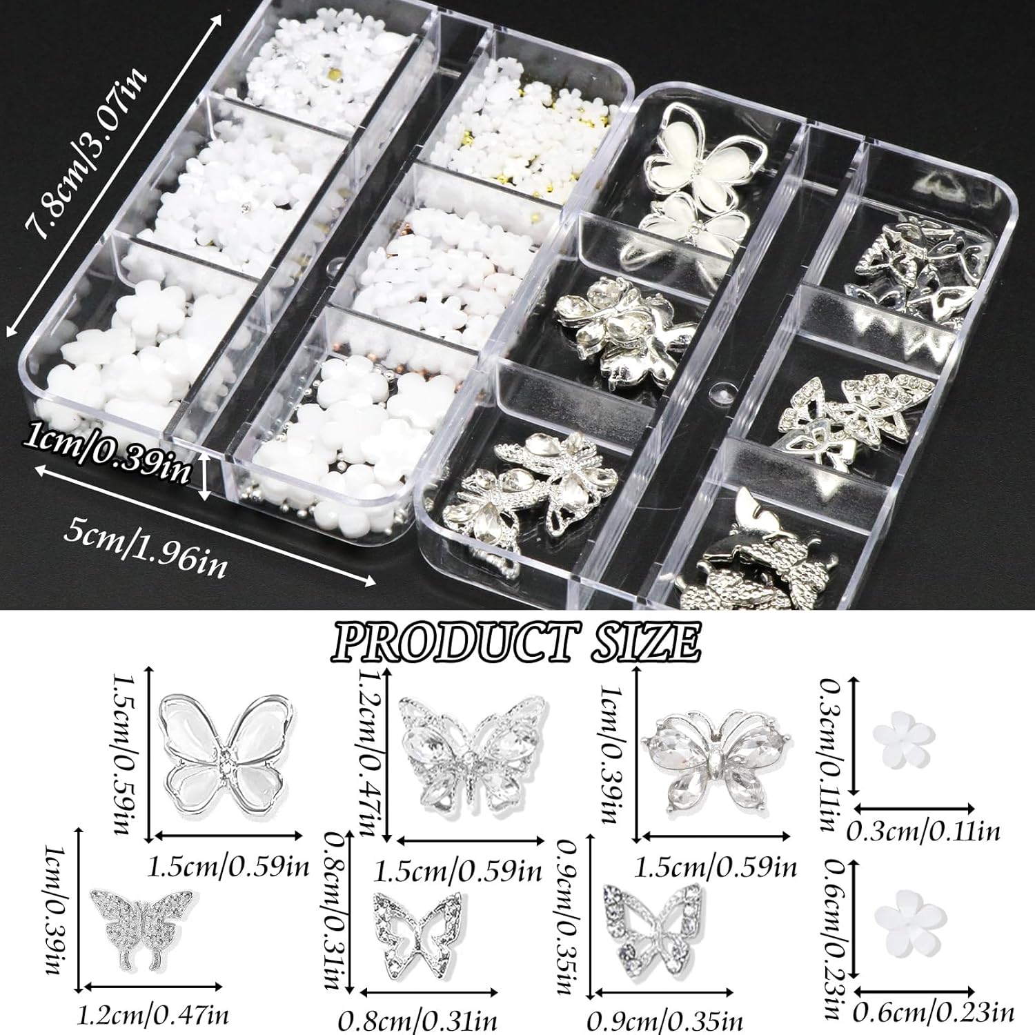 Kit de dijes para arte de uñas con flores blancas acrílicas 3D, 20 piezas de dijes de mariposa de metal con formas mixtas, diamantes de imitación