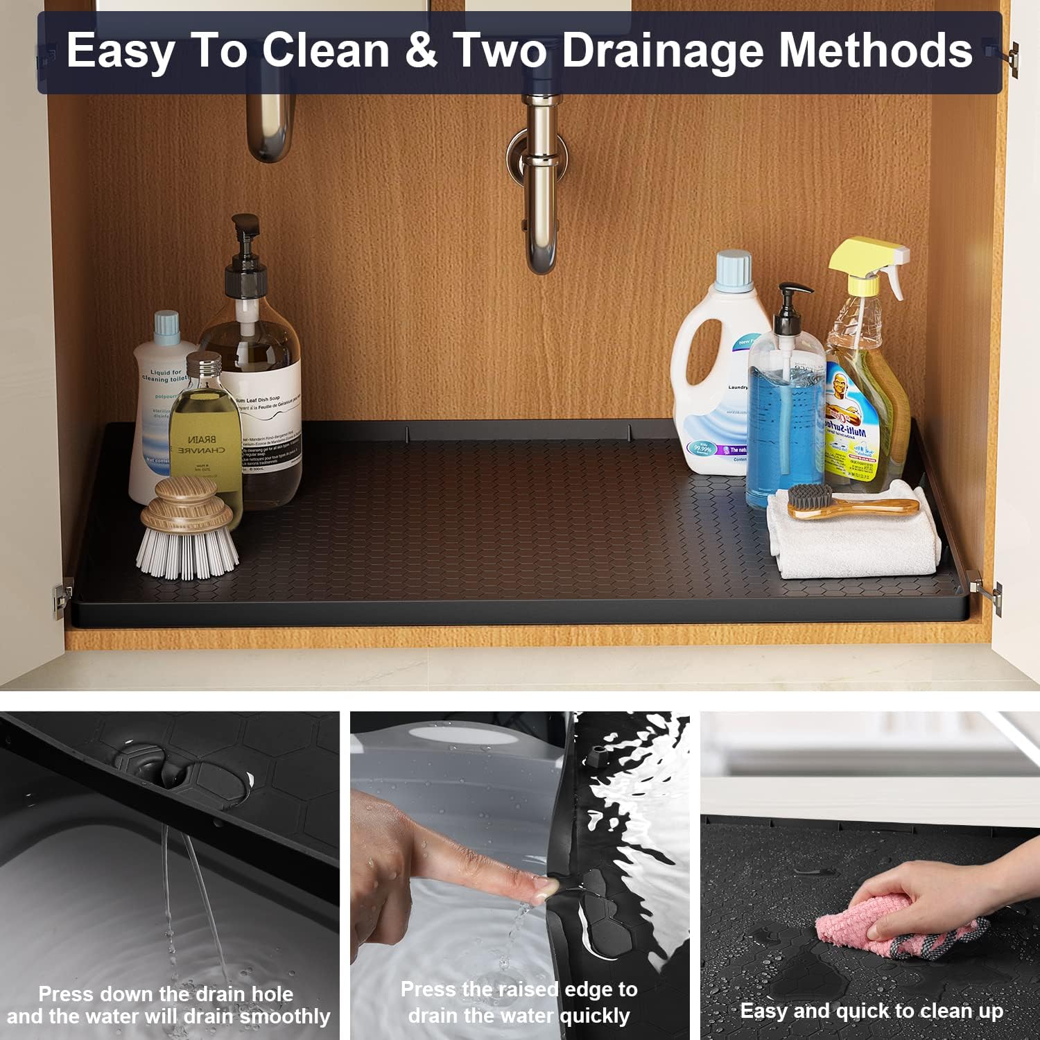 Tapete para debajo del fregadero, tapete impermeable para gabinete de cocina de 31 x 22 pulgadas, forro de silicona flexible para debajo del