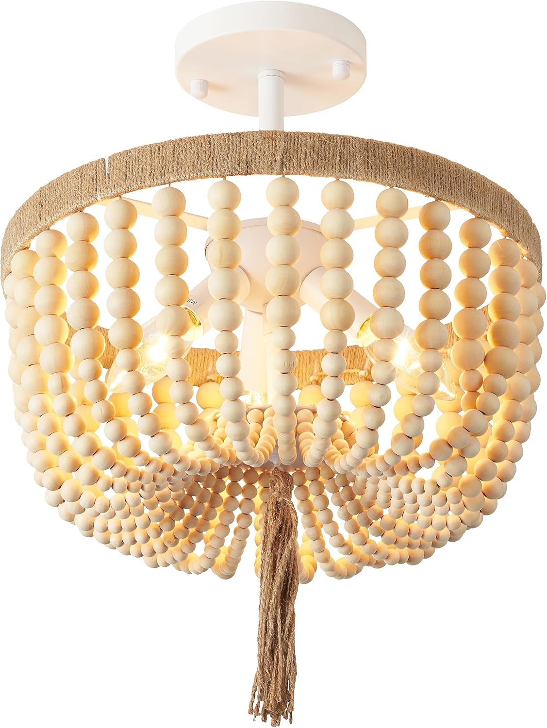 Candelabro de montaje semi empotrado con cuentas de madera, pequeña lámpara de granja, iluminación de 3 luces, lámparas boho para techo