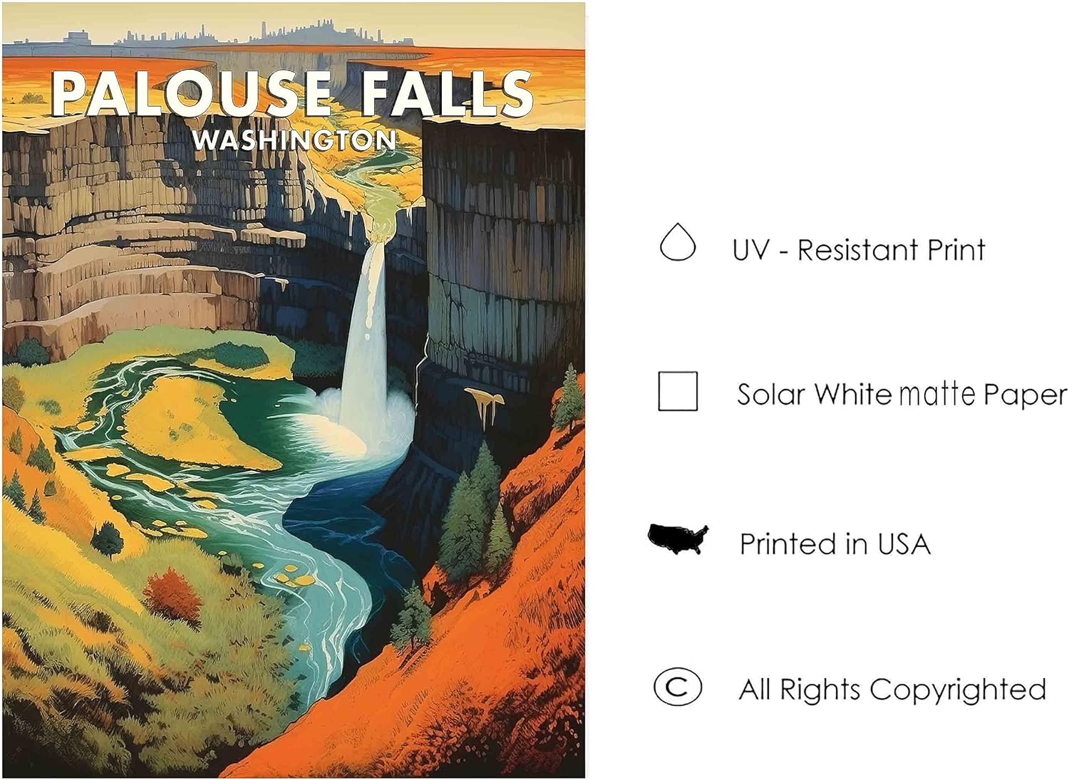 Póster artístico de Palouse Falls, Washington Waterfalls, paisaje retro de montaña y lago, decoración vintage, paisaje natural, imagen para