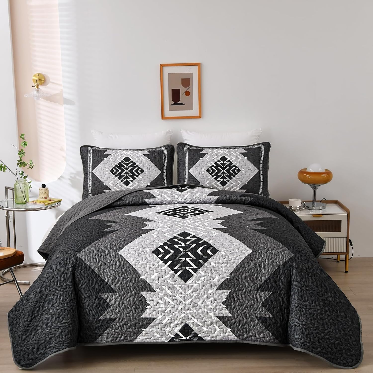 Dintszyayue Juego de edredón bohemio de 3 piezas, tamaño King, con textura azteca negro, gris, juego de ropa de cama bohemia de microfibra ligera
