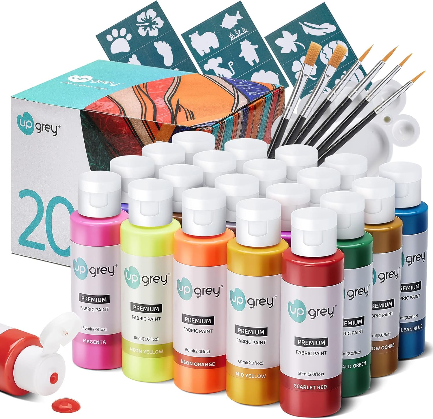 Juego de pintura de tela para ropa, 20 colores (2.0 fl oz2 oz cada uno) pintura textil permanente con 6 pinceles, 1 paleta, pintura de tela lavable,