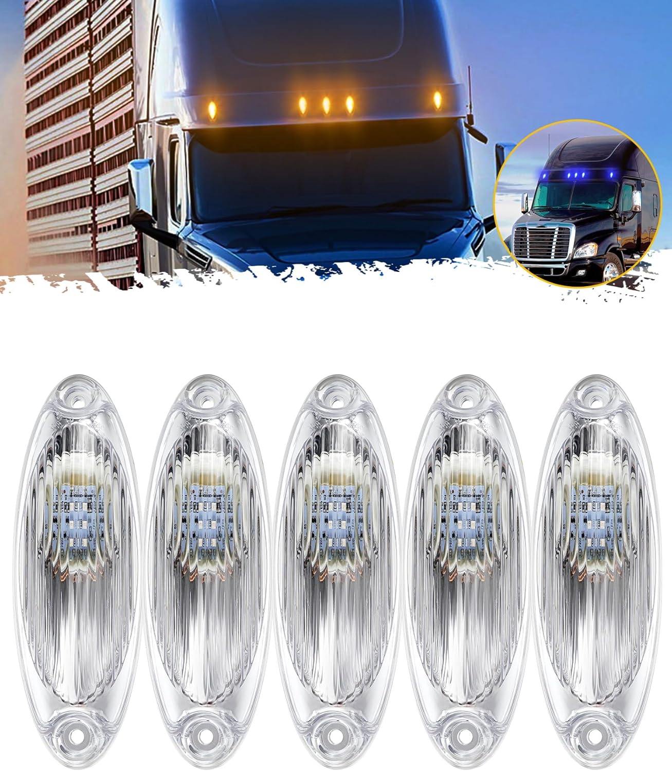 Partsam Luz de cabina, 5 piezas de luz LED transparente de doble color para techo de correr, repuesto para Freightliner Cascadia luces de