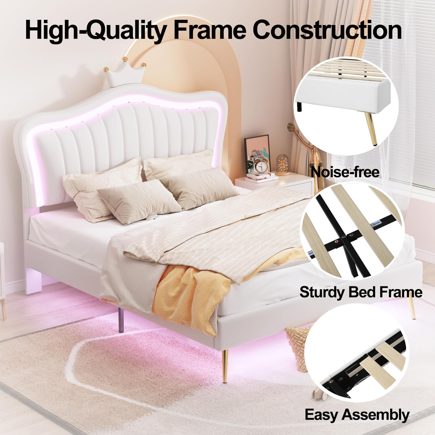 Cama de princesa tamaño Queen con luces LED, marco de cama para niños, con cabecero corona, plataforma tapizada para niños y adolescentes, no