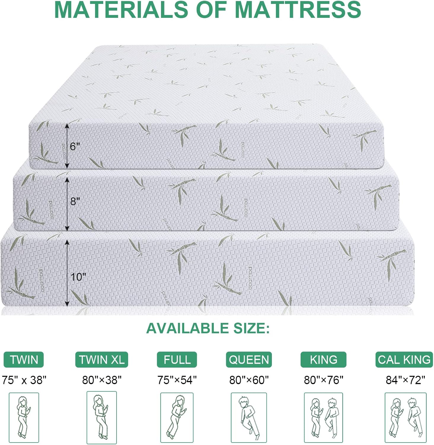 MUUEGM Colchón individual XL de 10 pulgadas, colchón de espuma viscoelástica de gel de té verde refrescante con funda de bambú, colchón en una caja,