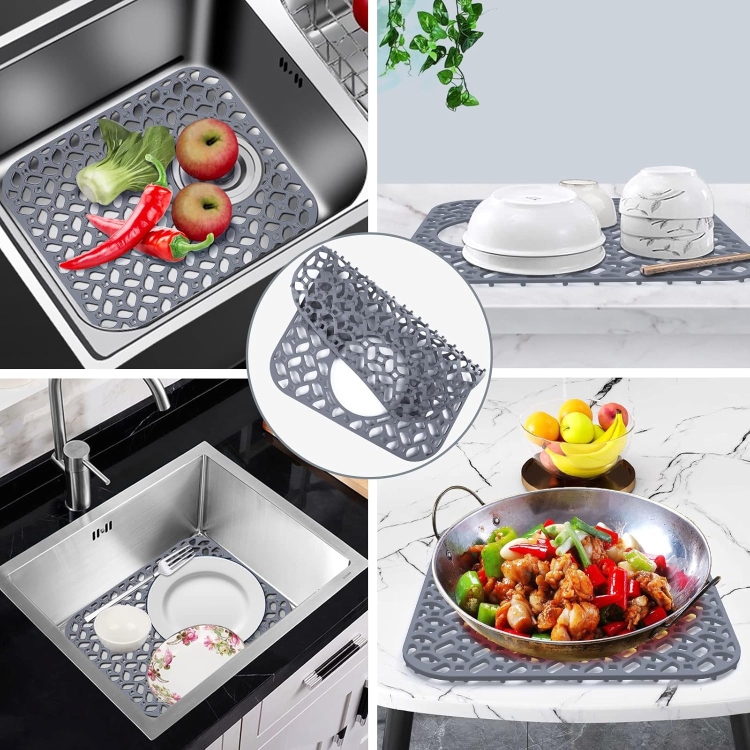 Juego de 2 protectores de silicona para fregadero de cocina de acero inoxidable, antideslizantes, resistentes a los arañazos (drenaje trasero, gris,