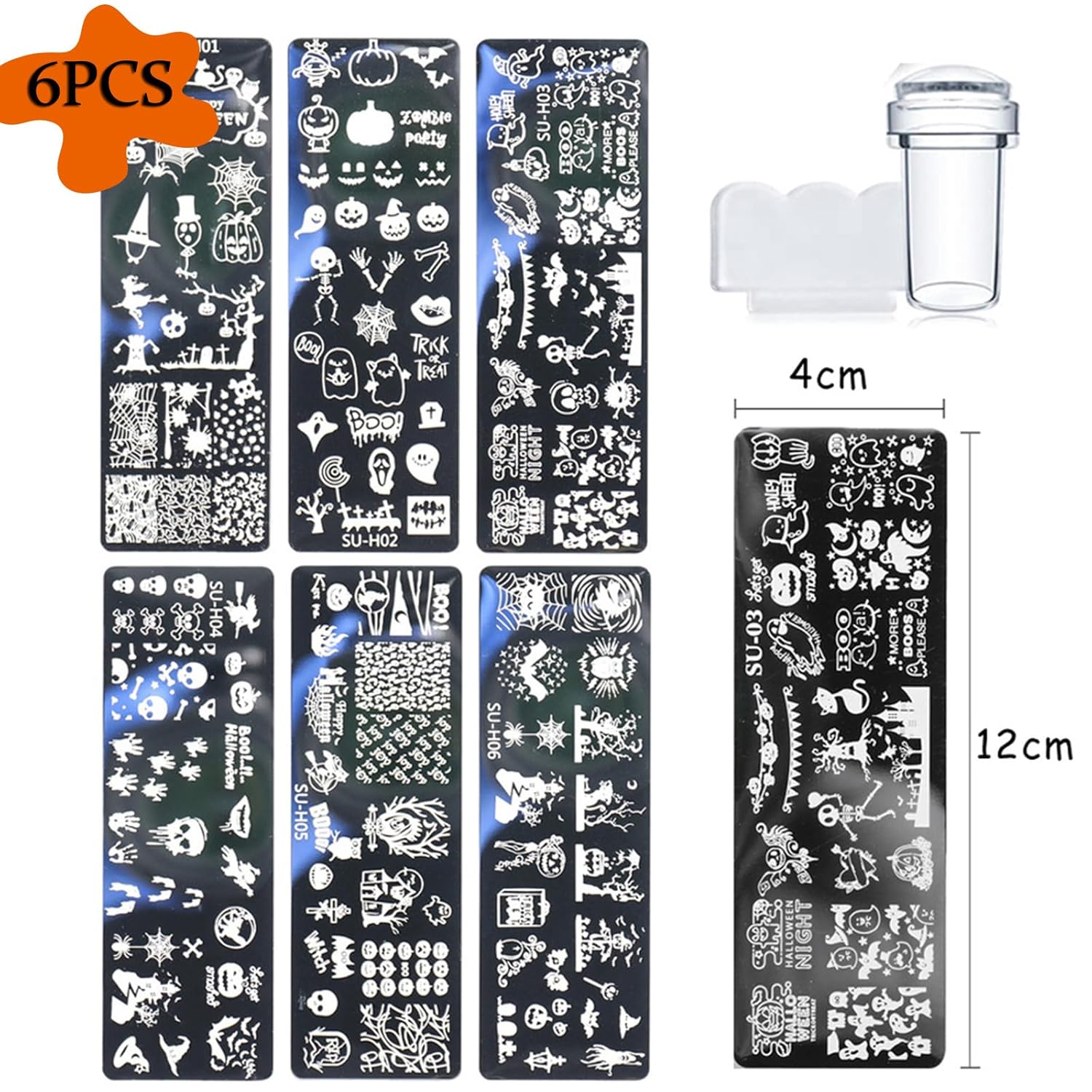 Placa de estampado de uñas de Halloween, 6 placas de uñas + 1 sello de uñas + 1 raspador de uñas de terror para Halloween, kit de sello de uñas de