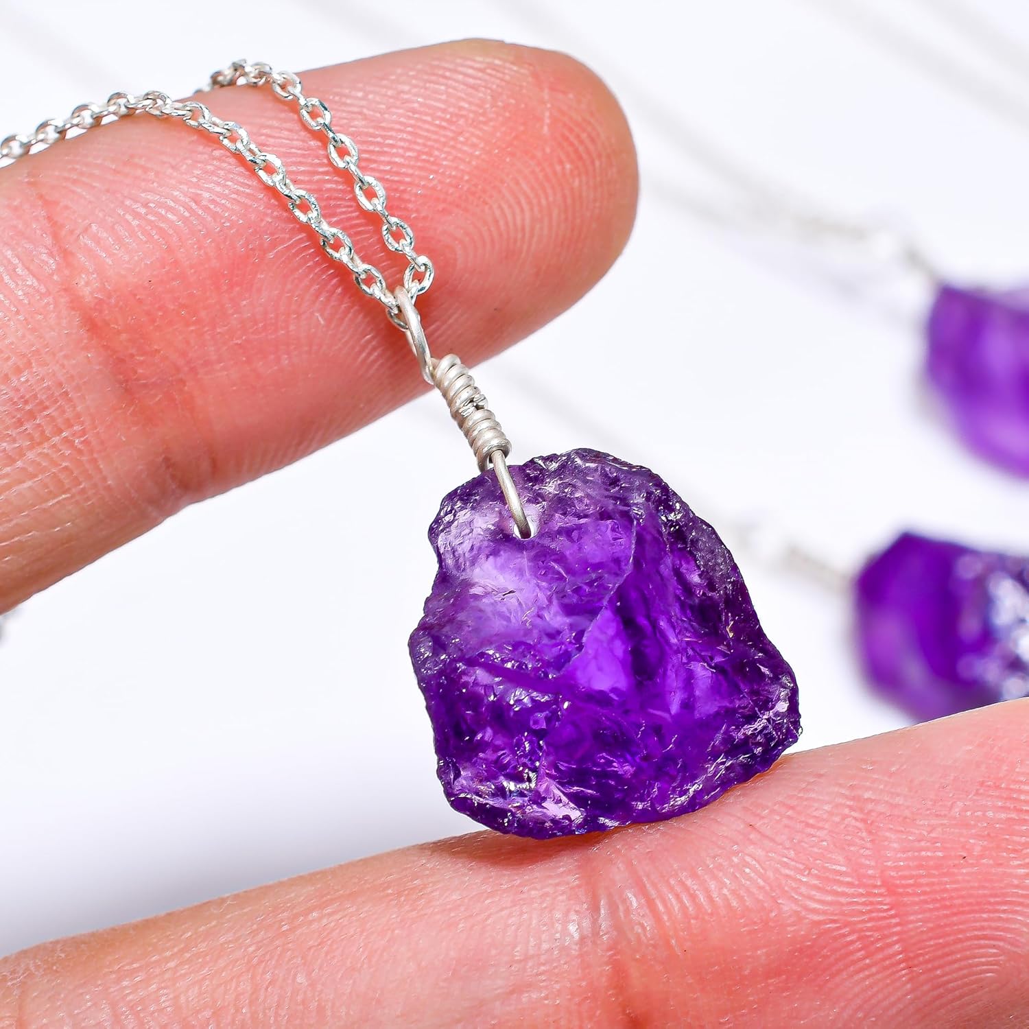 AURA GEMS Natural Amethyst Raw Pendant Necklace, Real Purple Melody Super Seven Gemstone, Healing Crystal, February Birthstone, Zodiac, Silver