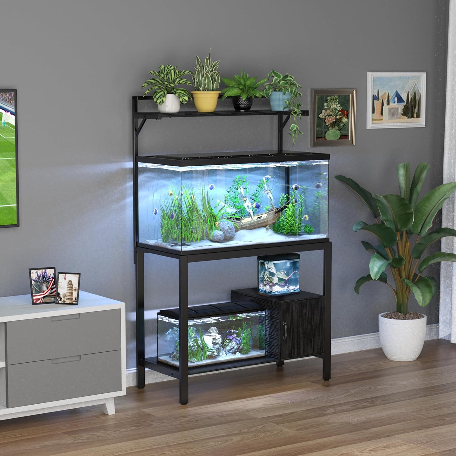 GDLF Soporte para pecera de 40 a 50 galones con estante para plantas, soporte de metal para acuario con almacenamiento de cubículos, mesa de 36.6 x