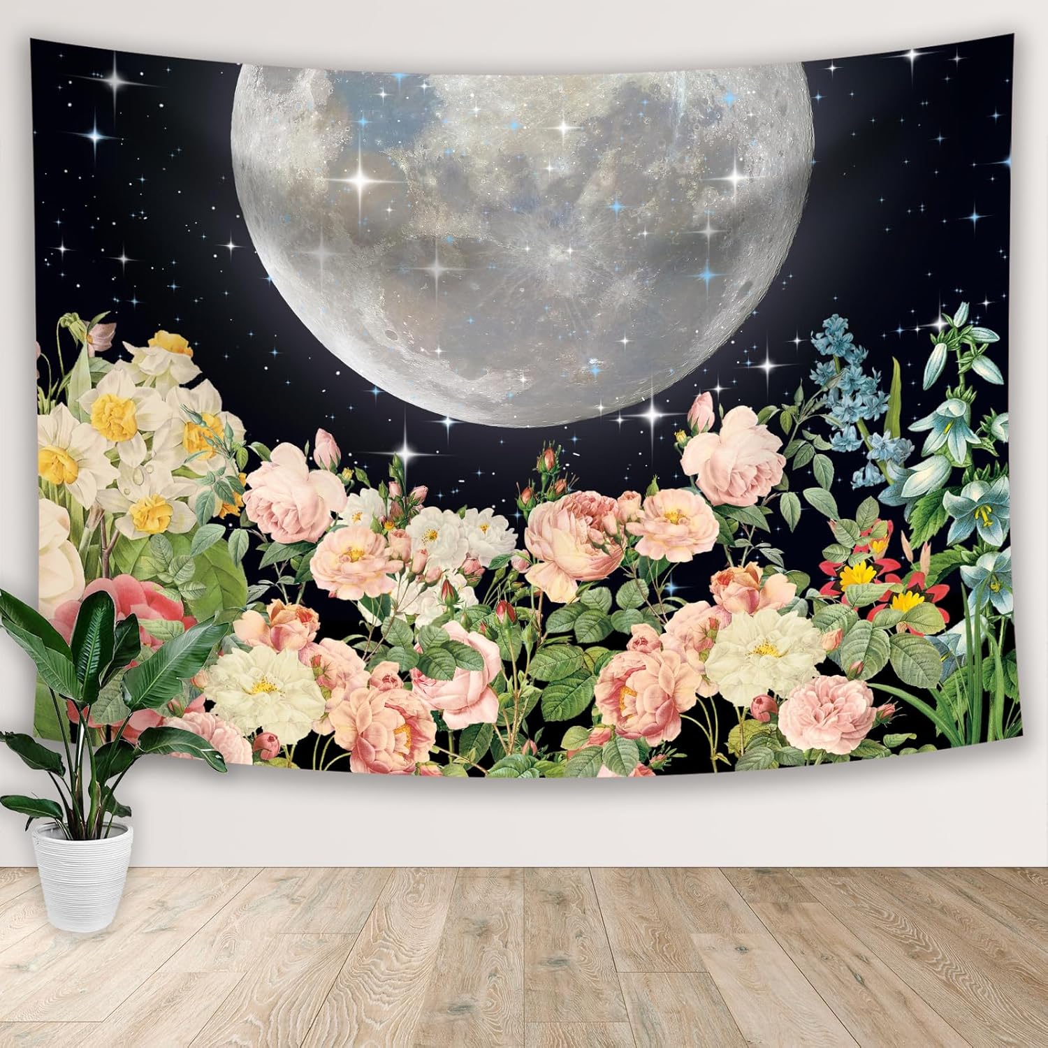 Color Duty GTXPCD556 – Tapiz bohemio de plantas florales para colgar en la pared, 80 x 60 pulgadas, luna, estrella, cielo, bohemio, acuarela,