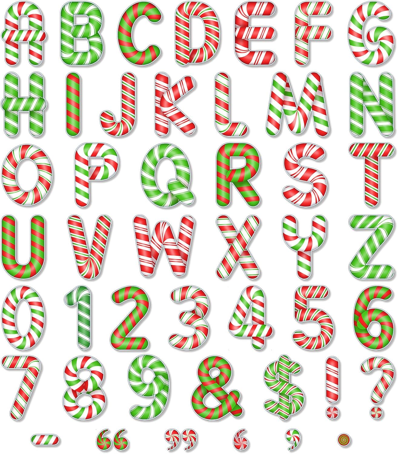 176 letras de bastón de caramelo, letras de tablón de anuncios de Navidad, cartón de 4.3 pulgadas, letras del alfabeto, números, símbolos para el