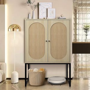 Armario alto de ratán con 2 puertas, aparador de buffet, armario de almacenamiento con estantes ajustables, gabinete de madera de pie independiente, Armario alto de ratán con 2 puertas, aparador de buffet, armario de almacenamiento con estantes ajustables, gabinete de madera de pie independiente,