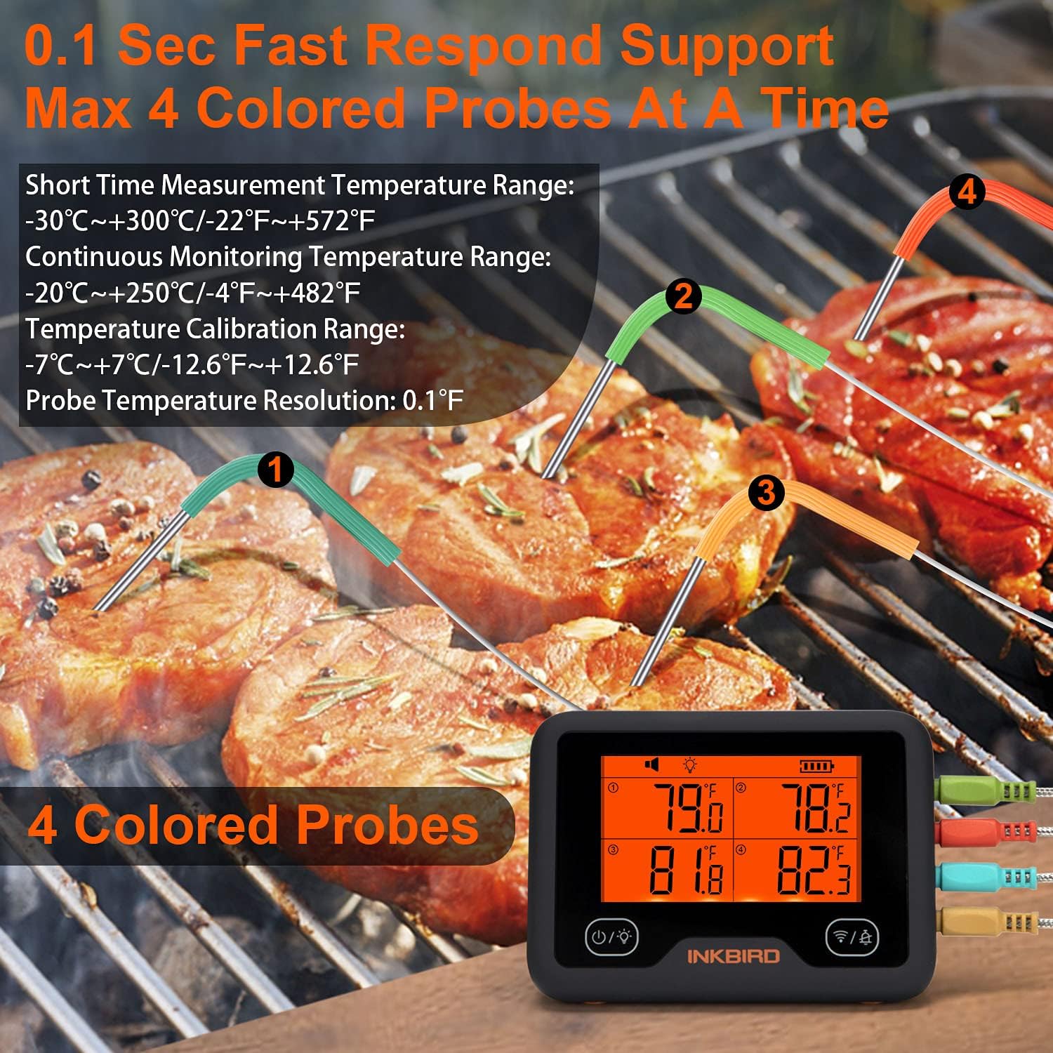 Termómetro de carne Bluetooth y WiFi IBBQ-4BW, termómetro inalámbrico inteligente para parrilla, 4 sondas de color, notificación móvil, temporizador