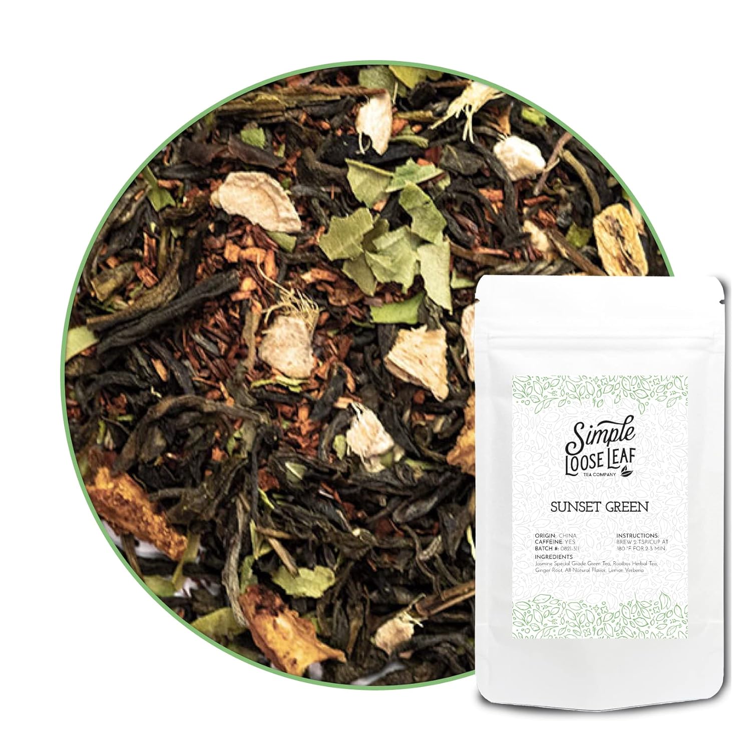 Simple Loose Leaf  Sunset Green  Té verde de hoja suelta premium (1 onza)  Bajo cafeína  Jazmín y jengibre  Empaquetado a mano en Estados Unidos