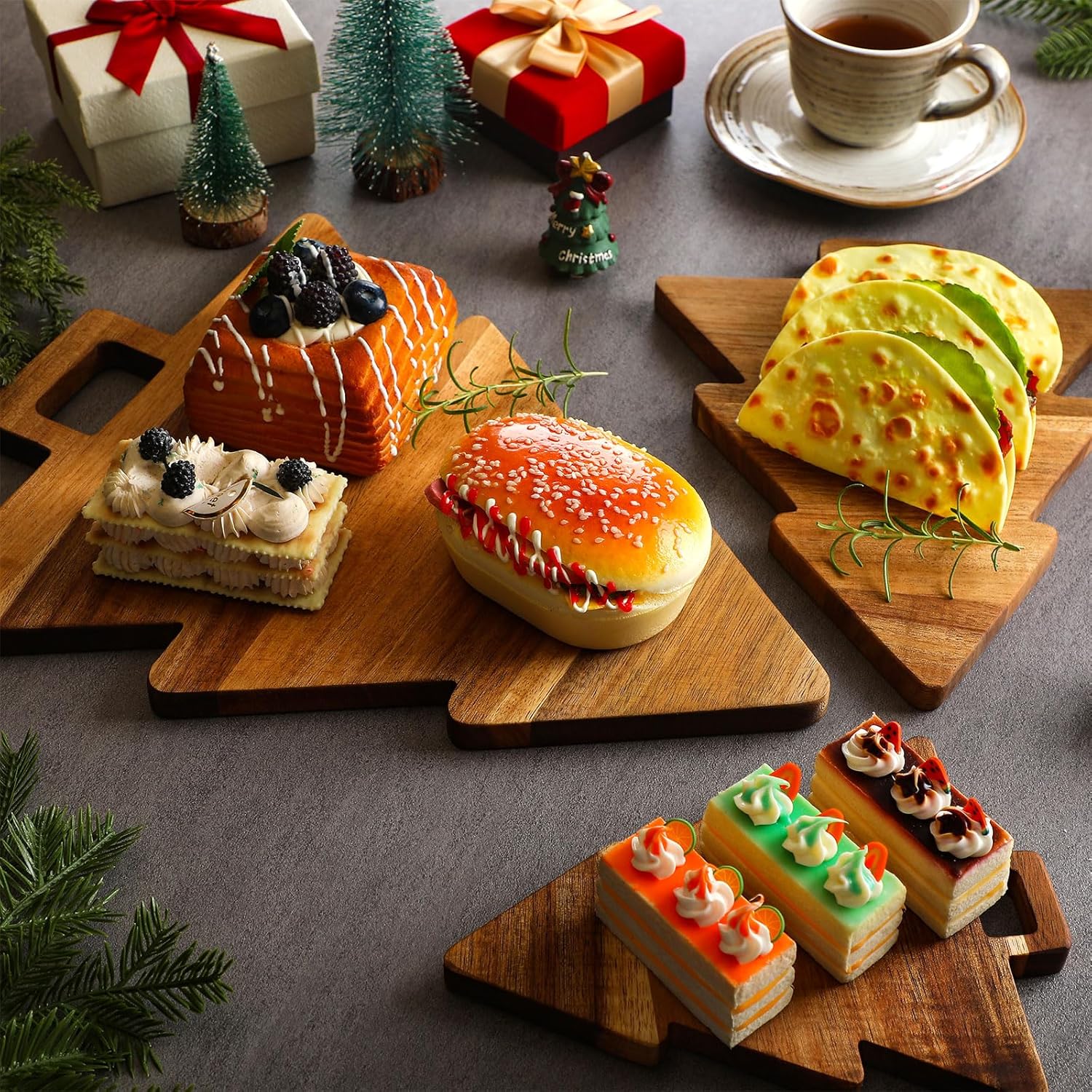 Juego de 3 tablas de cortar de cocina de Navidad con asas, accesorios de cocina de acacia orgánica, tabla de cortar en forma de árbol de Navidad,