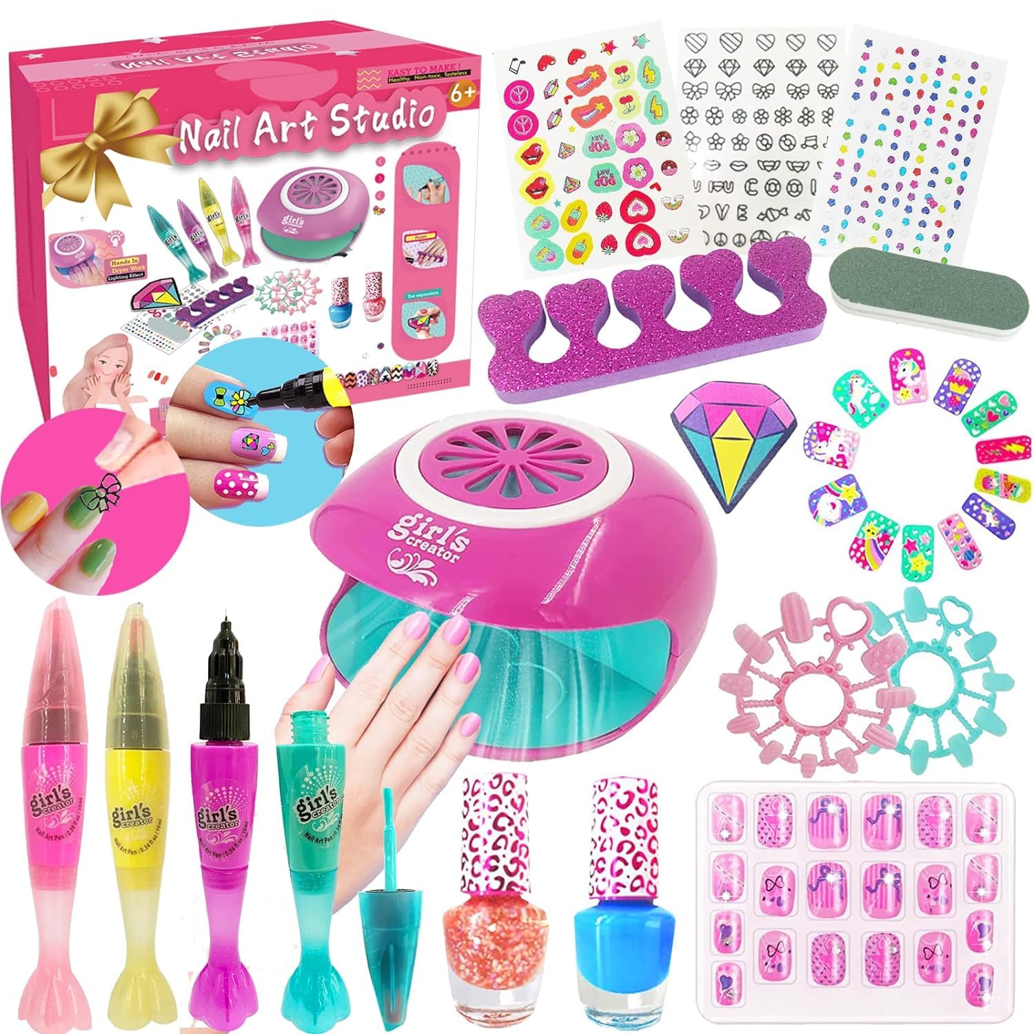 Juego de esmaltes de uñas para niñas, regalo para niñas, kit de uñas para niños de 7 a 12 años, juego de esmalte de uñas no tóxico con secador de