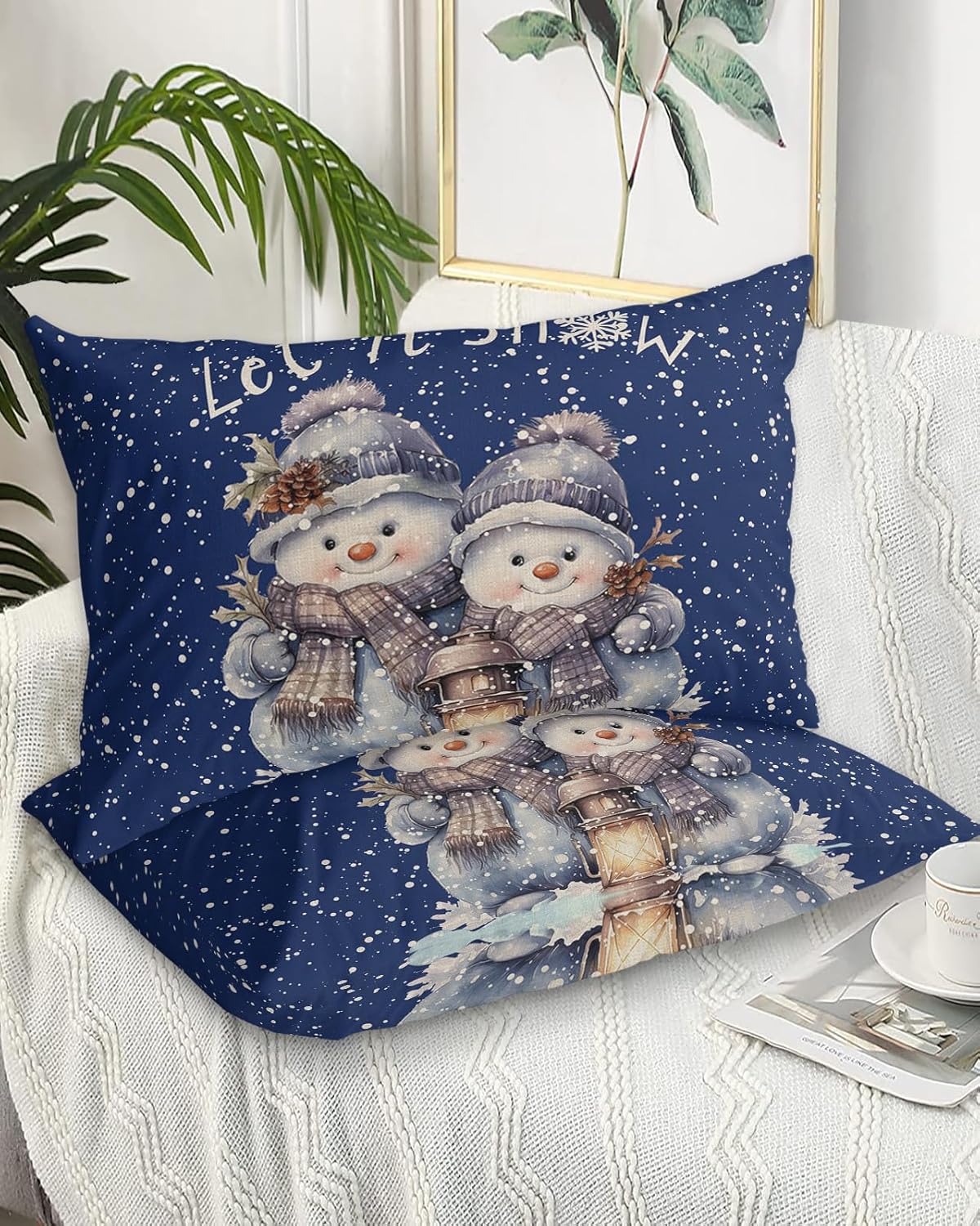 Fundas de almohada de invierno con diseño de muñeco de nieve tamaño Queen, 2 paquetes de fundas de almohada suaves para sofá, funda de cojín lumbar