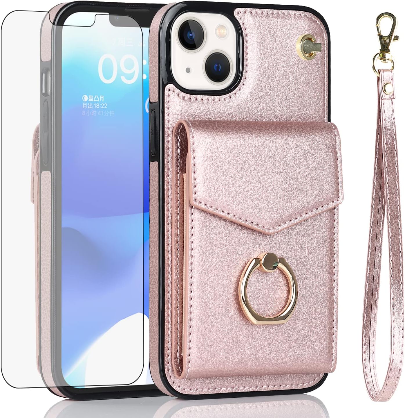 Asuwish Funda tipo cartera compatible con iPhone 15 Plus de 6.7 pulgadas, protector de pantalla y anillo de bloqueo RFID, funda para teléfono