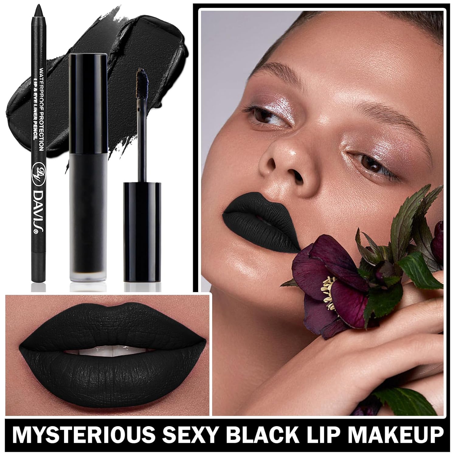 ZHISHUDL Juego de delineadores de labios negro mate, lápiz labial líquido negro, tinte de labios de alta pigmentación negro y brillo de labios para