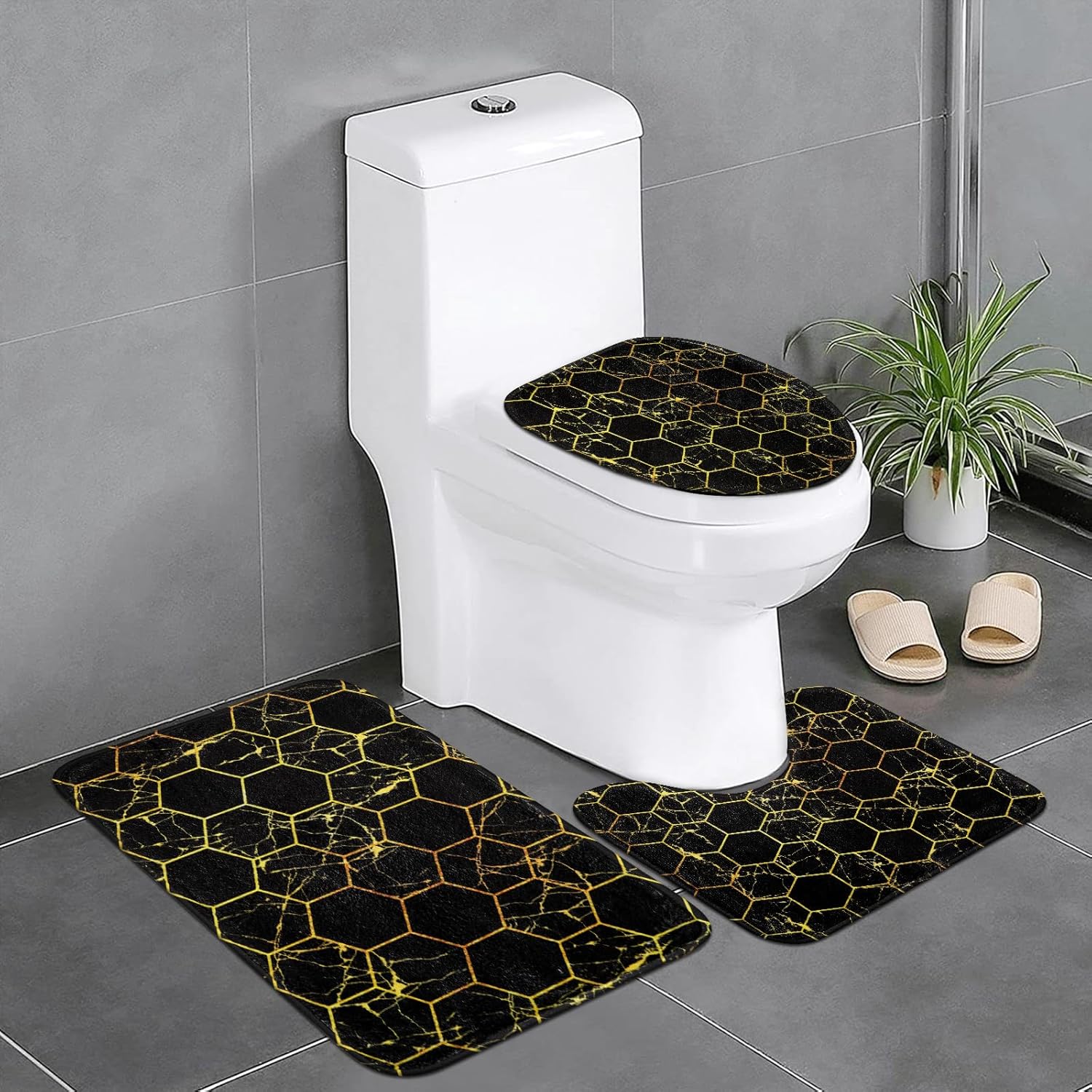 Likiyol Juego de 4 cortinas de ducha negras y doradas con alfombras antideslizantes, cubierta para tapa de inodoro y tapete de baño, modernos juegos