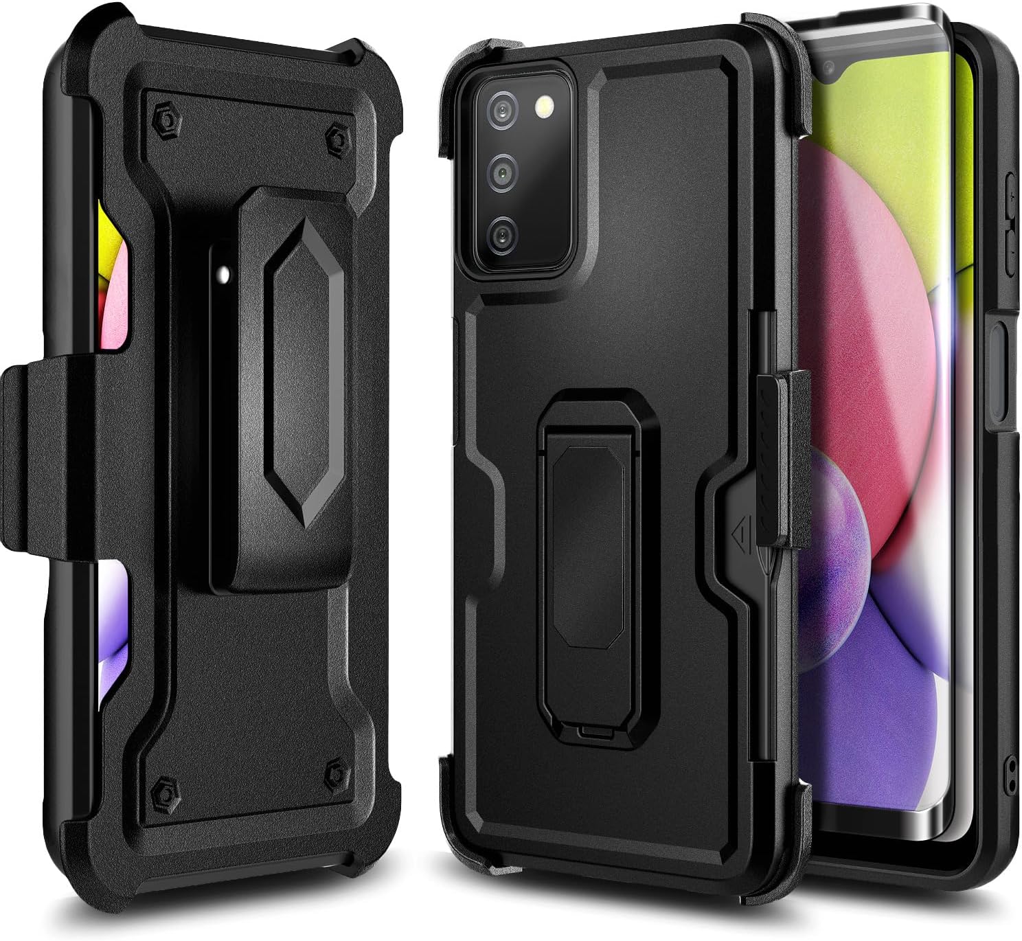 NZND Funda para Samsung Galaxy A03S con protector de pantalla de vidrio templado (cobertura máxima), funda de clip para cinturón con soporte