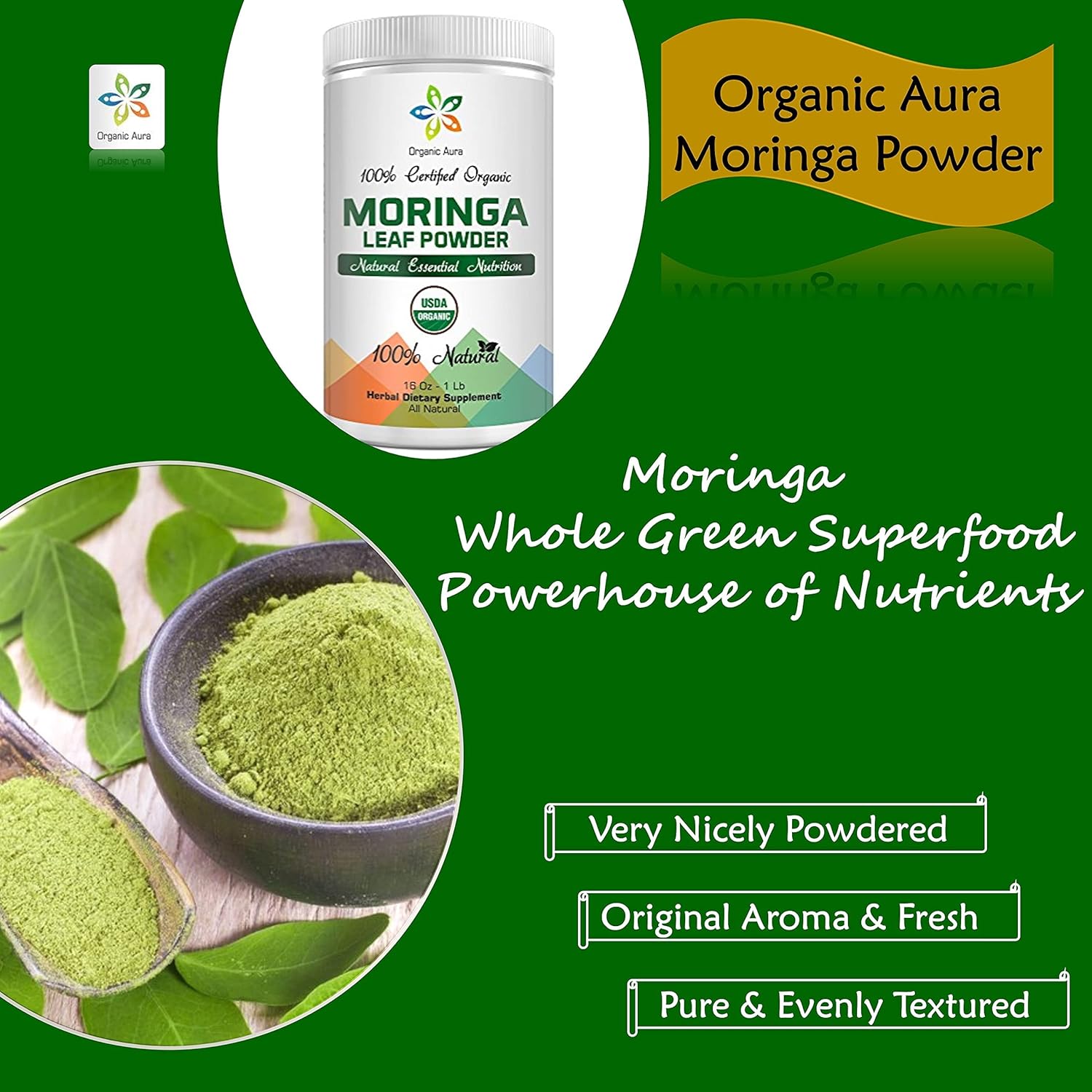 Polvo de hoja de moringa orgánica certificada, 8 onzas. Certificado orgánico por USDA. Aumenta naturalmente la energía, el metabolismo y la