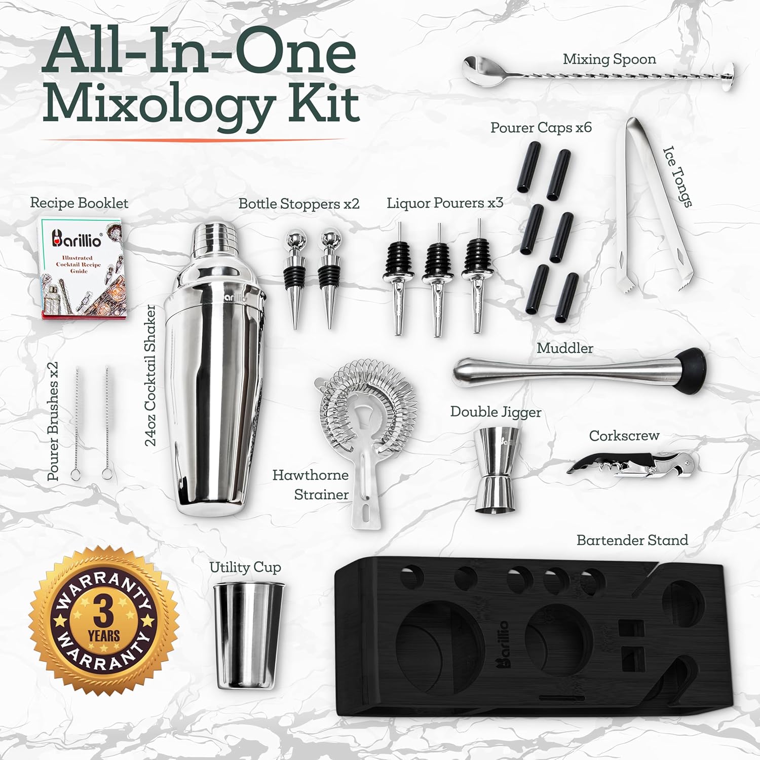 Mixology Bartender Kit coctelera por Barillio juego de mezclador de bebidas con herramientas de barra, mezclador, cuchara mezcladora, jigger,