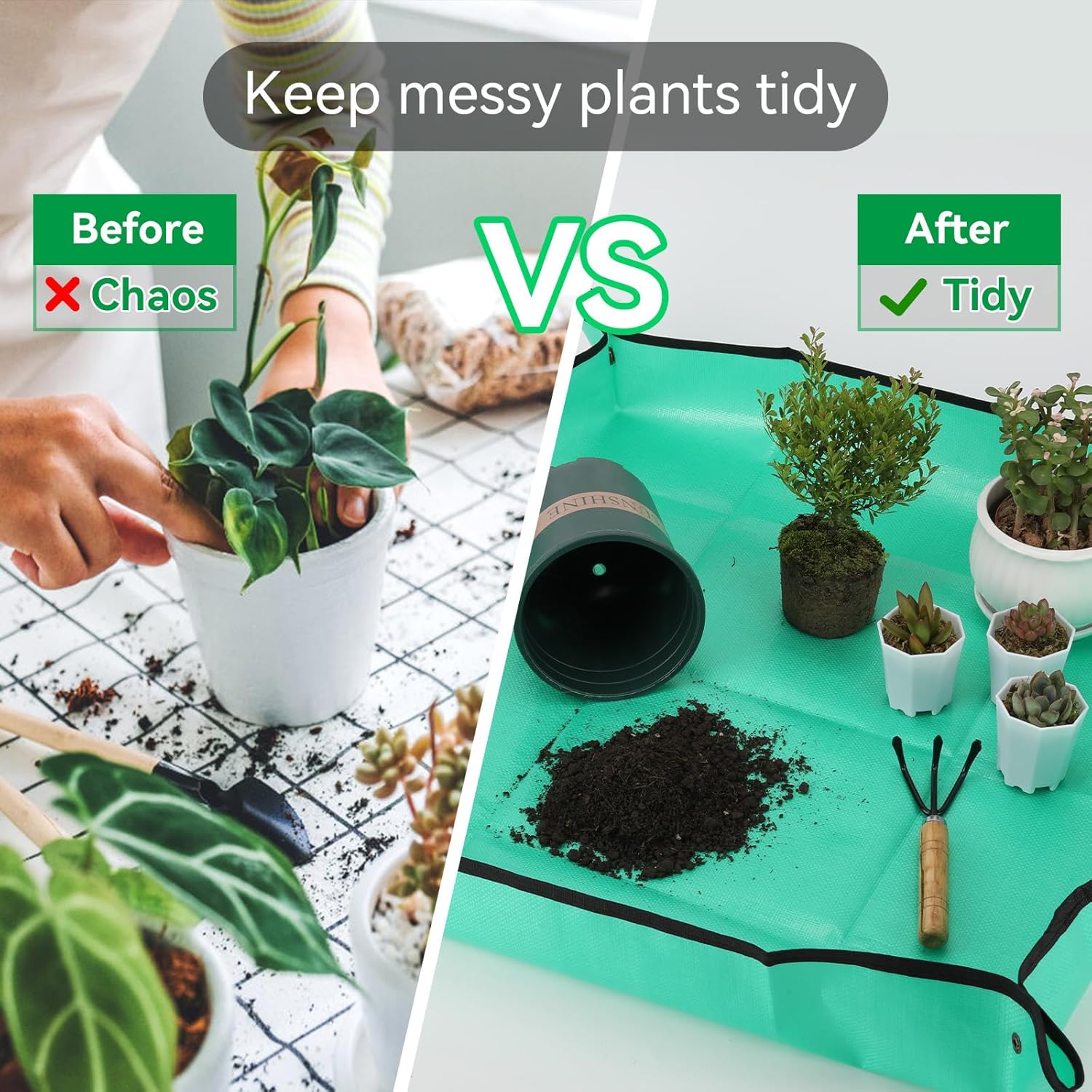 Tapete grande de trasplante de plantas para trasplante de plantas de interior y tierra para macetas, 39.5 x 29.5 pulgadas, impermeable, plegable,