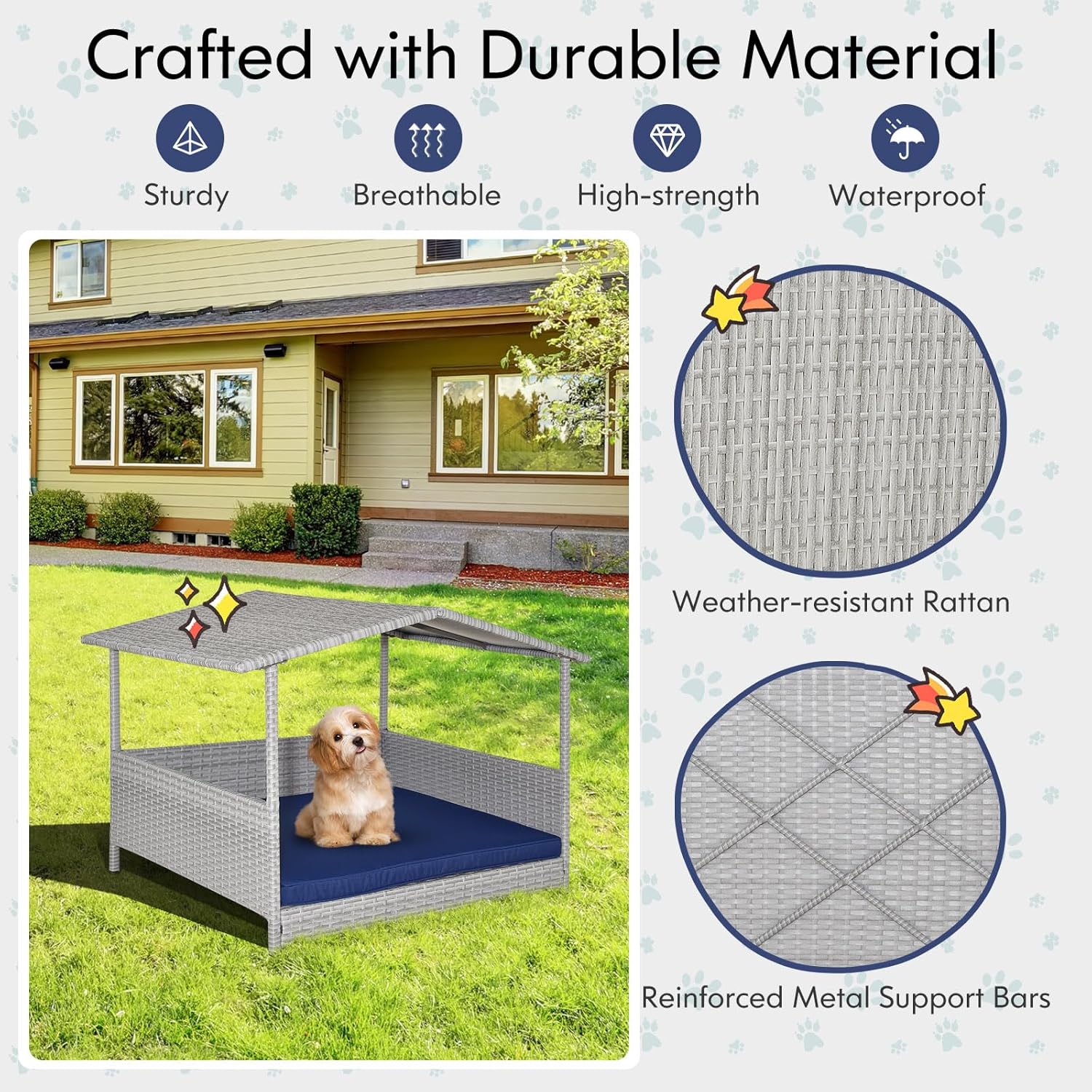 Tangkula Casa de mimbre para perros, cama elevada de ratán para interiores y exteriores con cojín extraíble, funda lavable, techo impermeable,