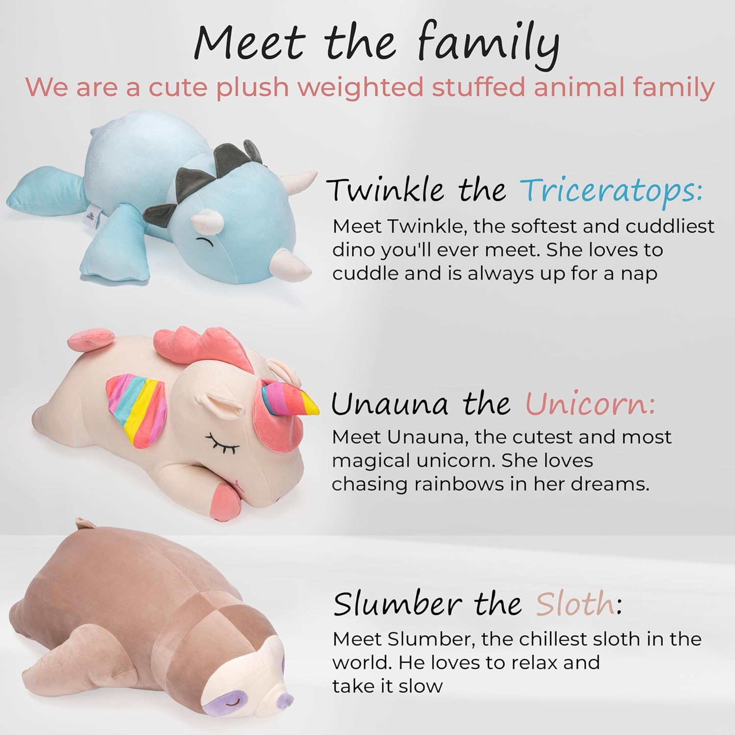ZYSMALAT Animales de peluche con peso, 4 libras de peluche de dinosaurio con peso, peluche de unicornio, peluche de perezoso, animales de peluche