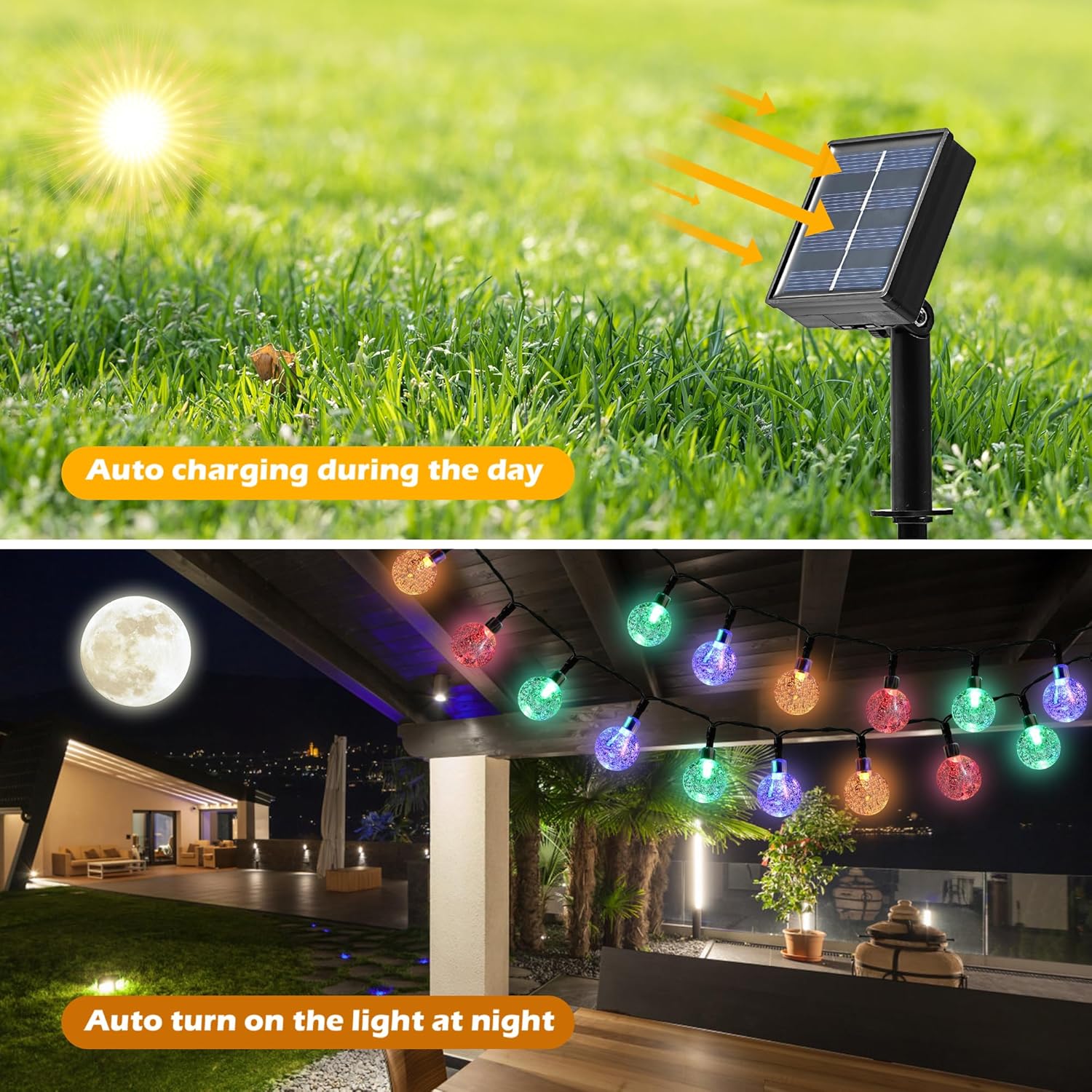 Guirnalda de luces solares para exteriores, 100 luces LED de 40 pies de globo de cristal multicolor, 8 modos, luces solares impermeables, para