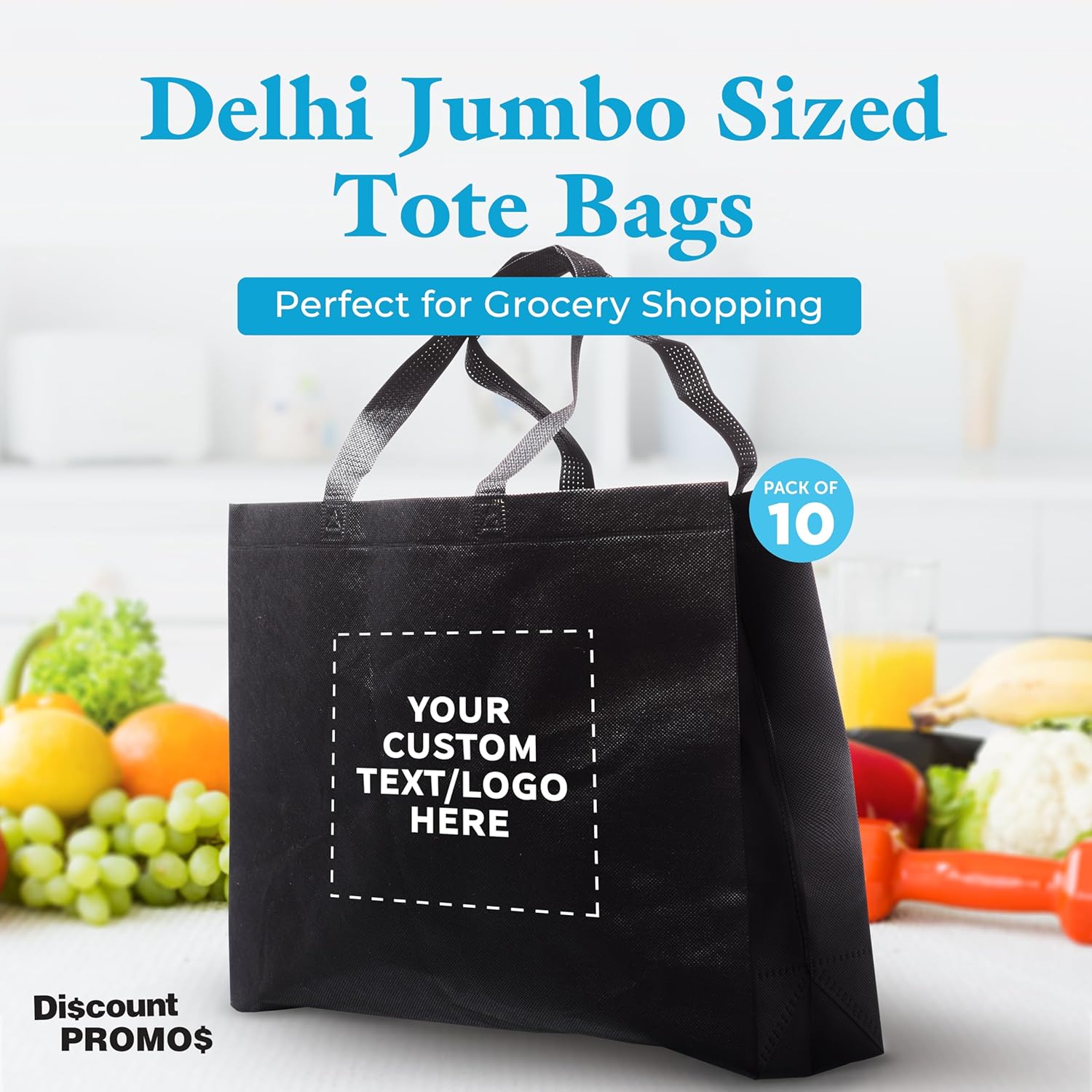 DISCOUNT PROMOS Juego de 10 bolsas de mano personalizadas de tamaño gigante, paquete a granel personalizado, bolsas de comestibles reutilizables,