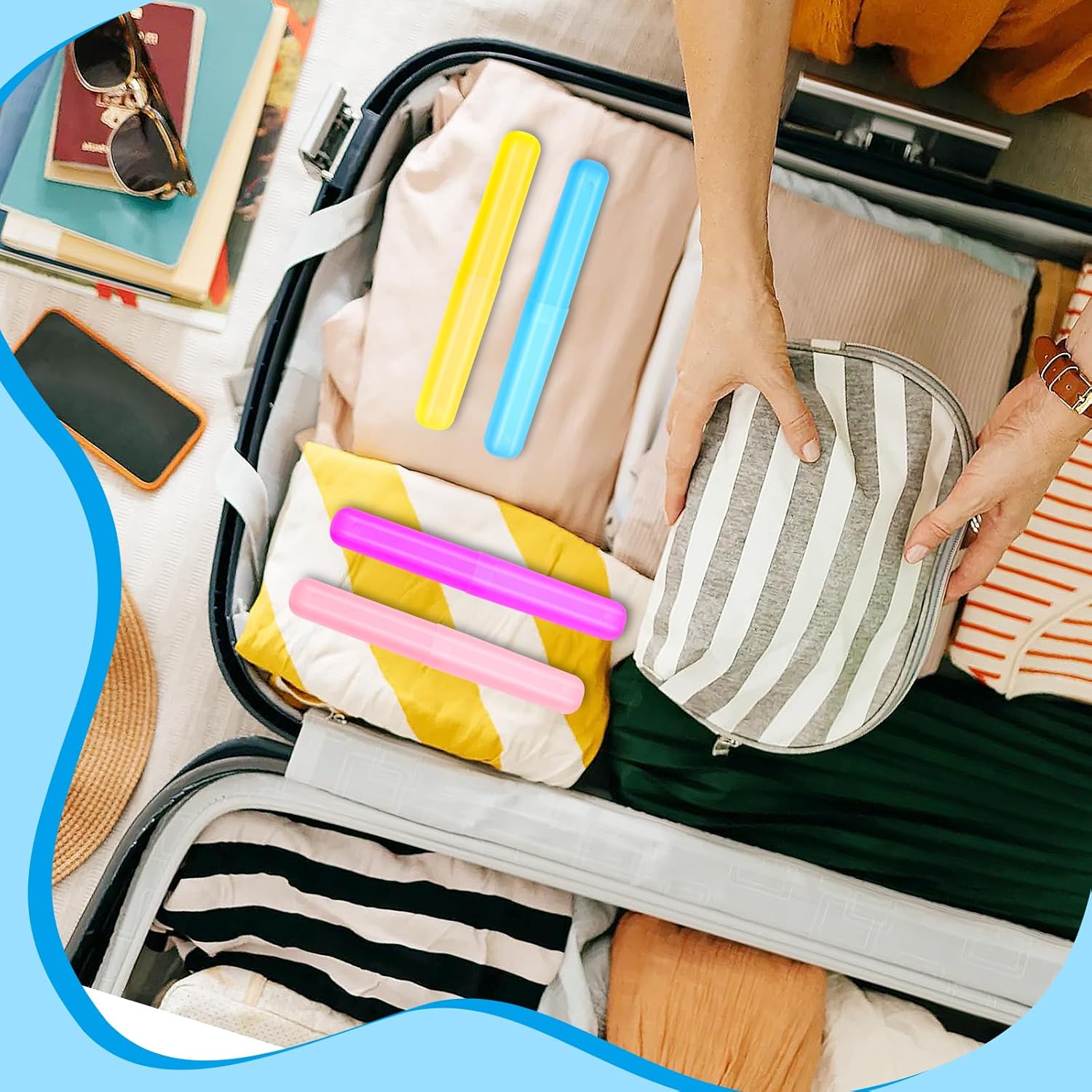 Estuche de viaje para cepillos de dientes de 70 piezas, 7 colores, soporte de almacenamiento portátil para cepillos de dientes a granel de plástico