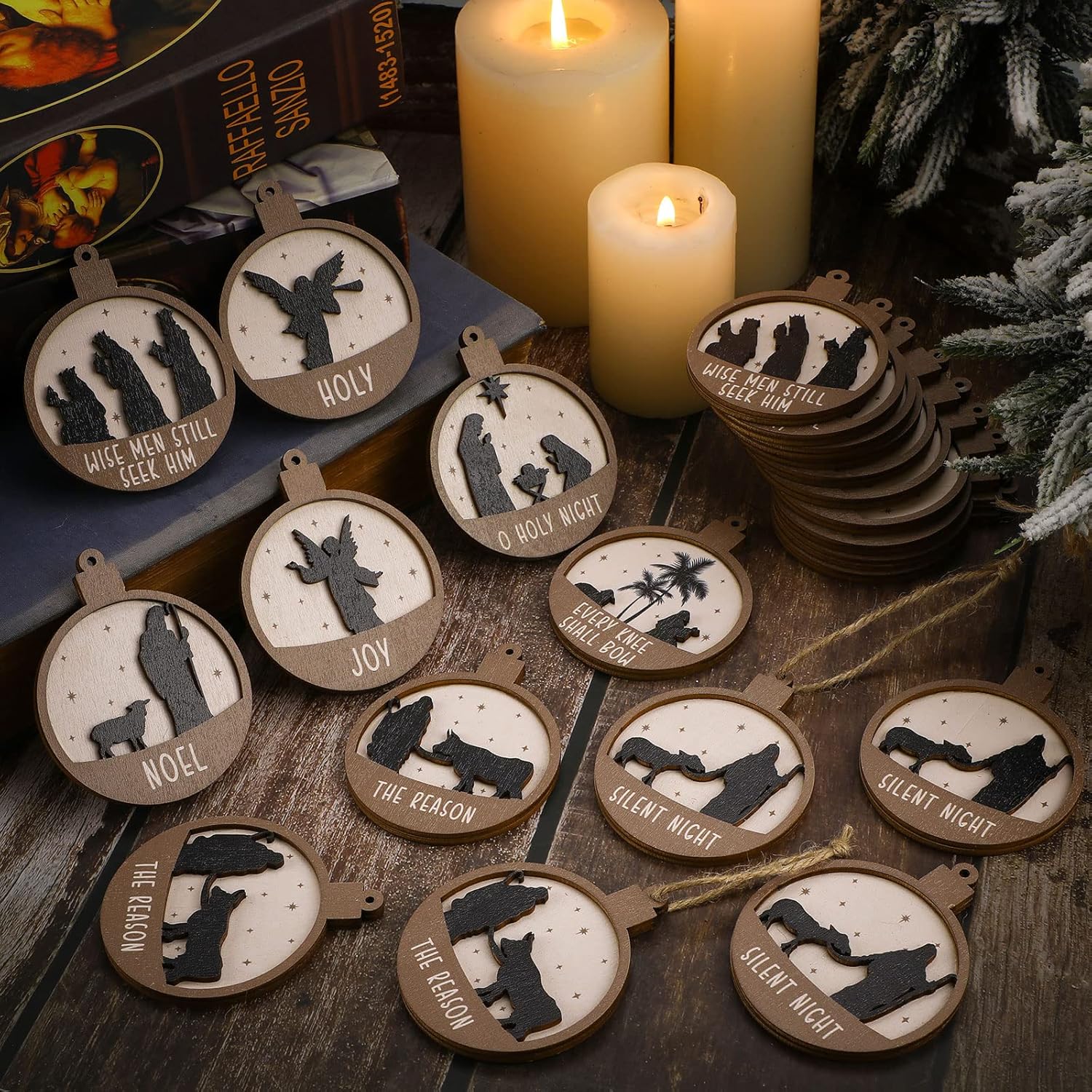 Adornos de Navidad cristianos en 3D, adorno religioso para colgar en madera para árbol de Navidad, adornos de madera vintage con temática del