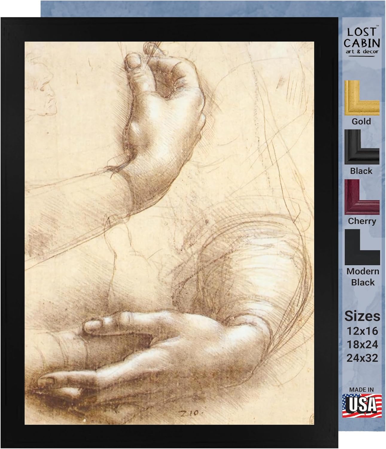 Lost Cabin Study of Hands por Leonardo Da Vinci  Impresión en marco plano negro  Reproducción de pinturas de obras de arte finas  Póster decorativo