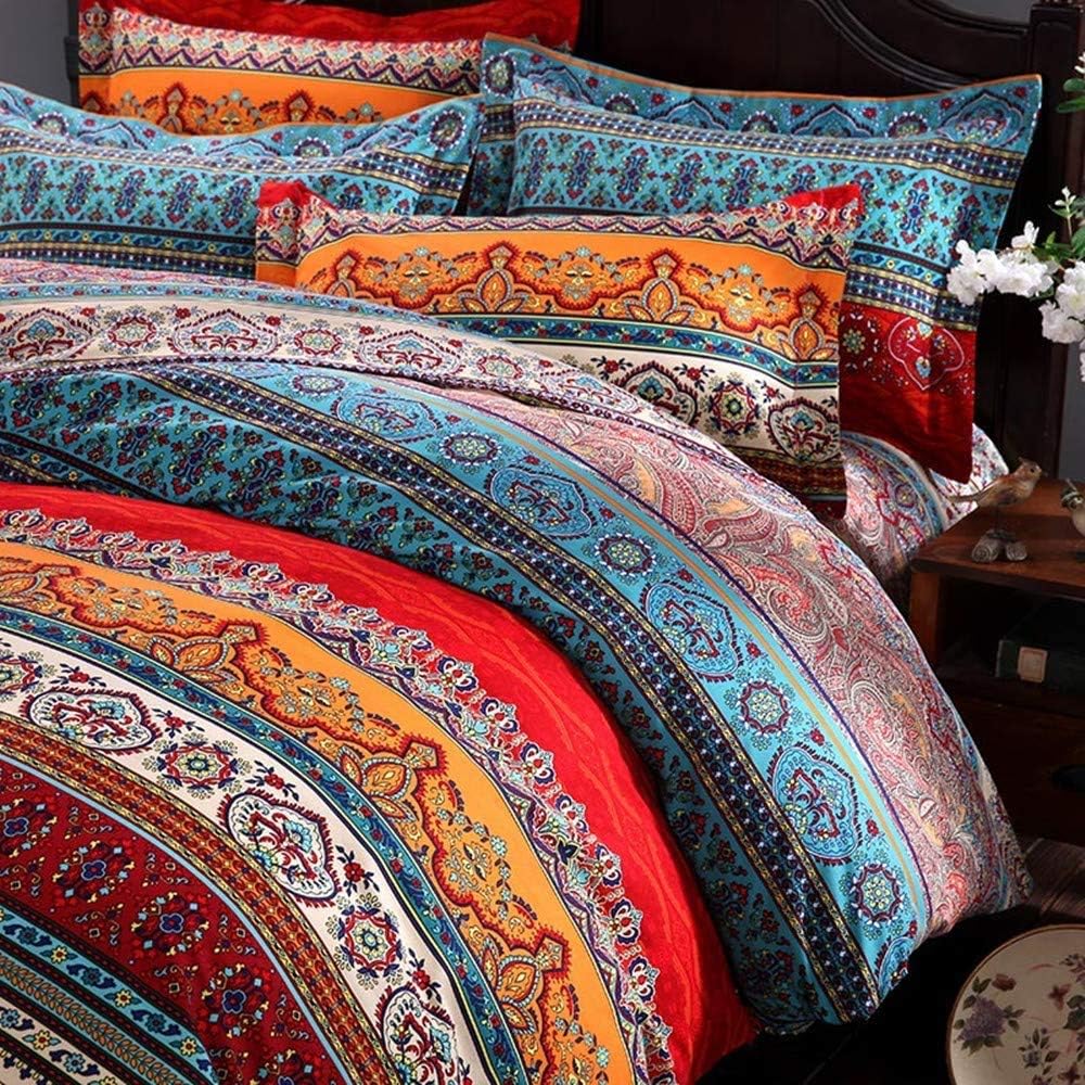 ABREEZE Juego de ropa de cama de 3 piezas, estilo bohemio, retro, étnico, vintage, floral, ropa de cama bohemia, 100% algodón cepillado, damasco,