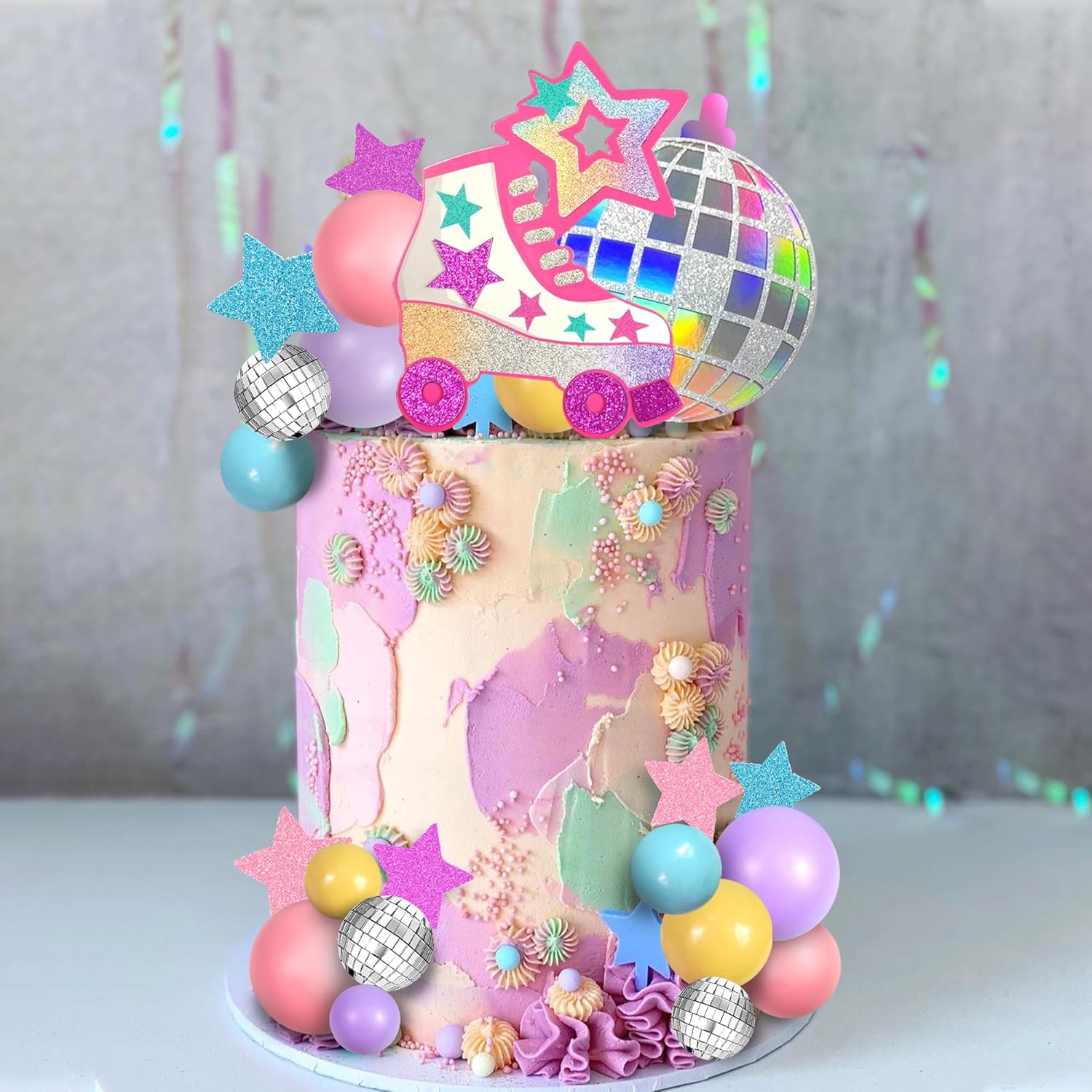 Decoración para tartas de patinaje sobre ruedas, bola de disco, decoración de pasteles de bolas pastel para niñas de los años 80 y 90, patinaje, hip
