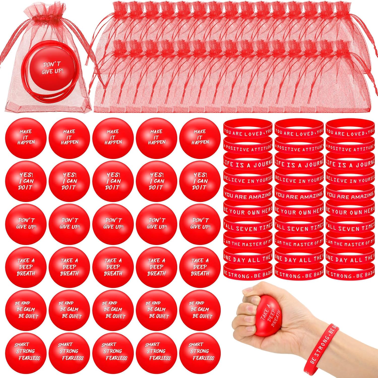 Syhood 90 regalos motivacionales a granel incluye 30 bolas inspiradoras de estrés de 1.97 pulgadas a granel, 30 pulseras de silicona motivacionales