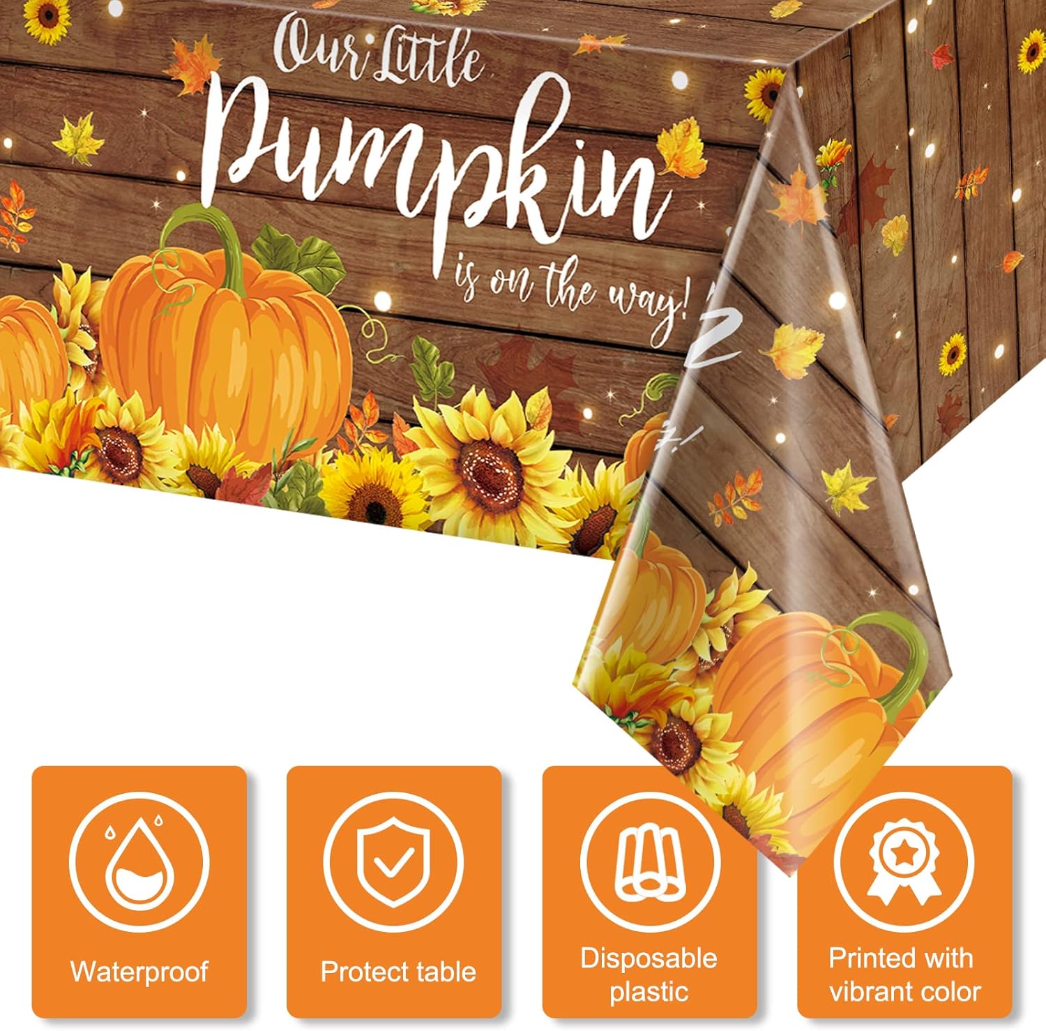 3 manteles de madera rústica de calabaza para baby shower, plástico con texto en inglés Our Little Pumpkin Boy Girl is on the Way Baby is Brewing