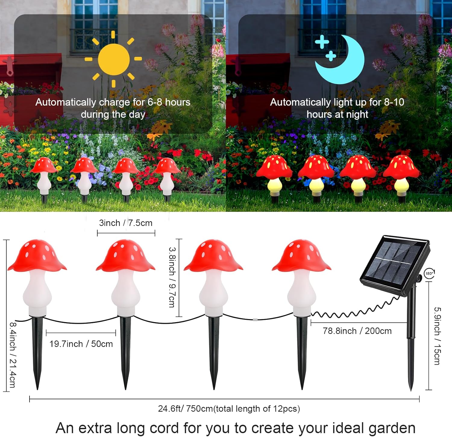 Luces solares rojas de hongos para exteriores, 12 unidades, 8 modos, 24.6 pies, impermeables, para jardín, patio, camino, campamento, decoración al