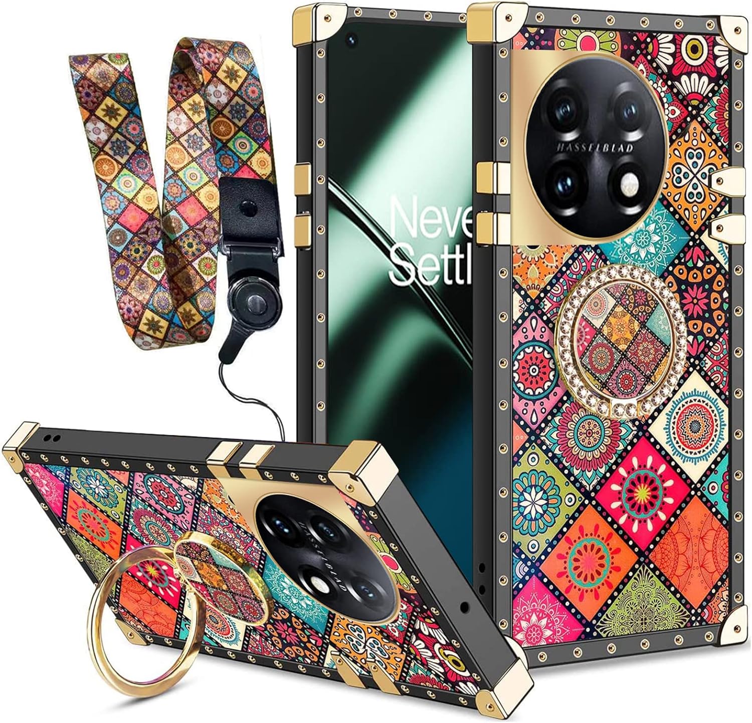 nancheng Funda cuadrada para Oneplus 11 (6.7 pulgadas) con soporte de anillo, diseño retro de flores de mandala para niñas y mujeres, esquinas