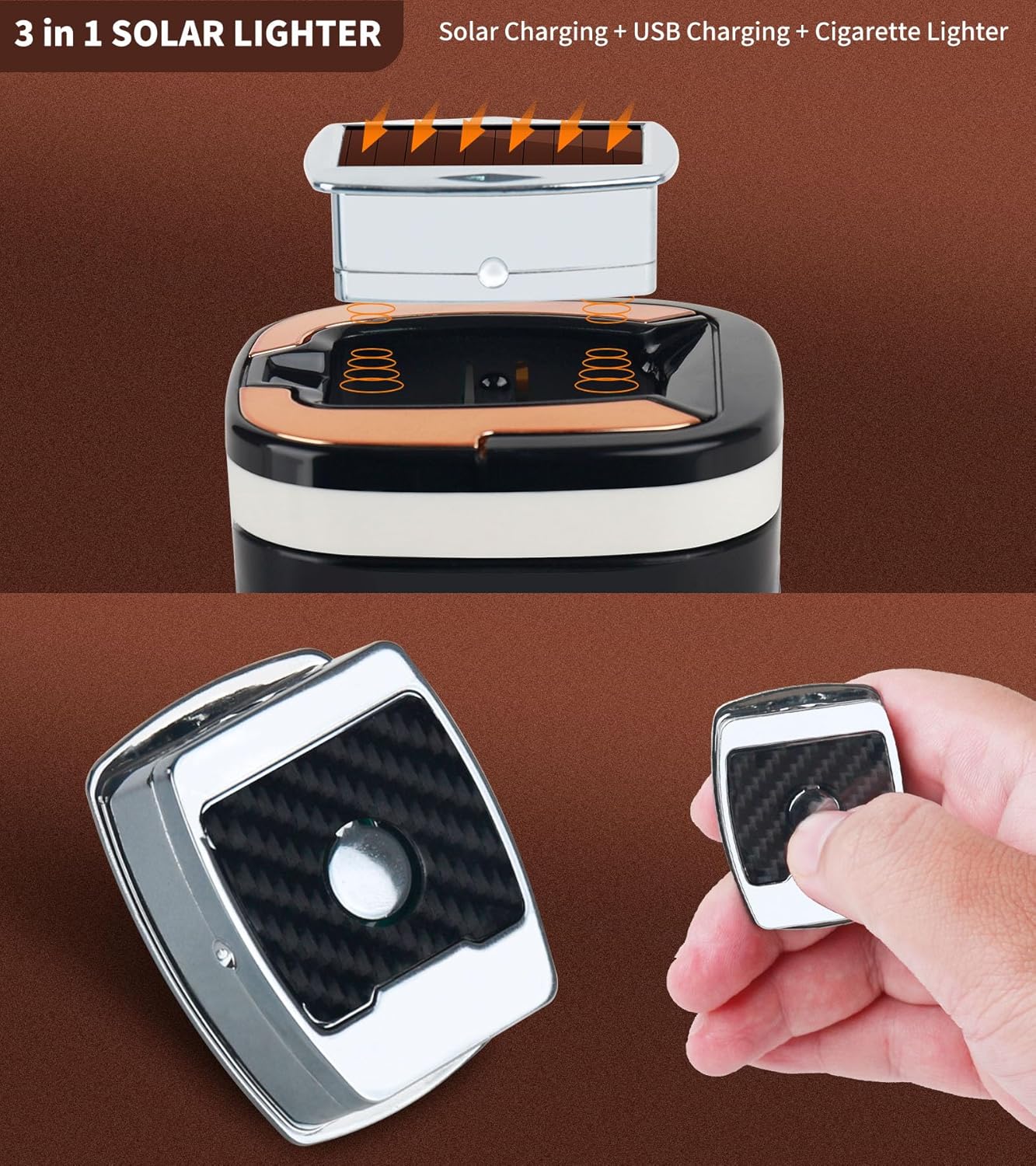 SOLARXIA Cenicero de coche, cenicero automático, encendedor de cigarrillos electrónico, alimentado por energía solar, recargable por USB, con tapa,