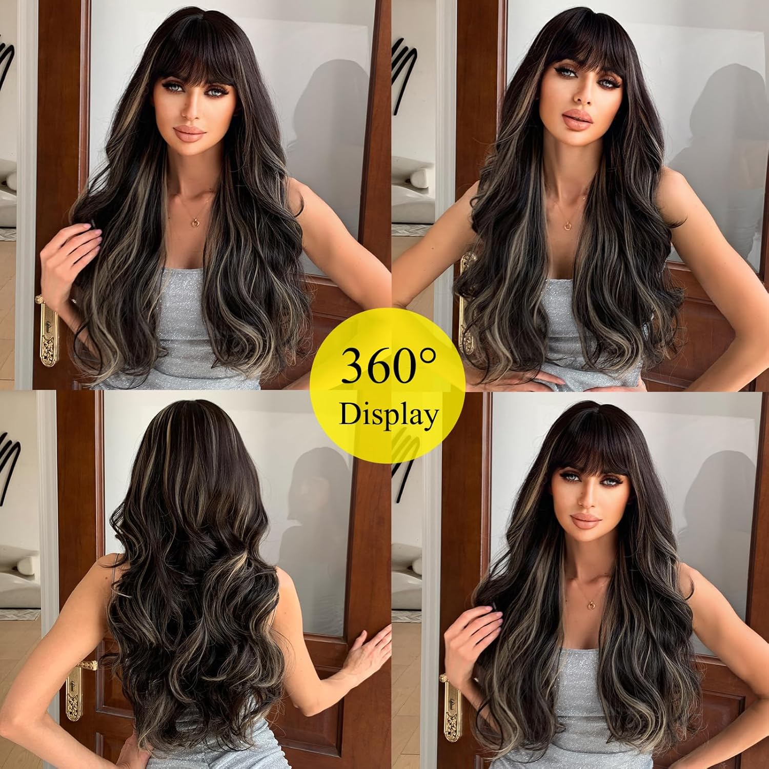 Allbell Peluca marrón con flequillo, pelucas largas onduladas negras para mujer, pelucas sintéticas rubias naturales, peluca de cabello rizado para
