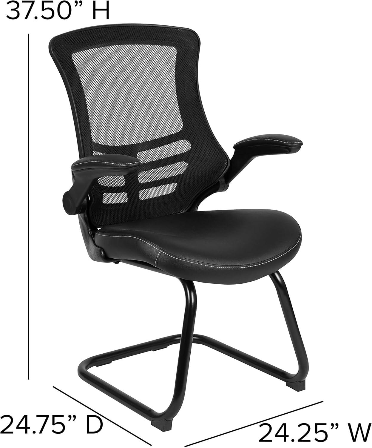 EMMA + OLIVER Silla de recepción lateral con base de trineo de malla negra con asiento LeatherSoft y brazos abatibles