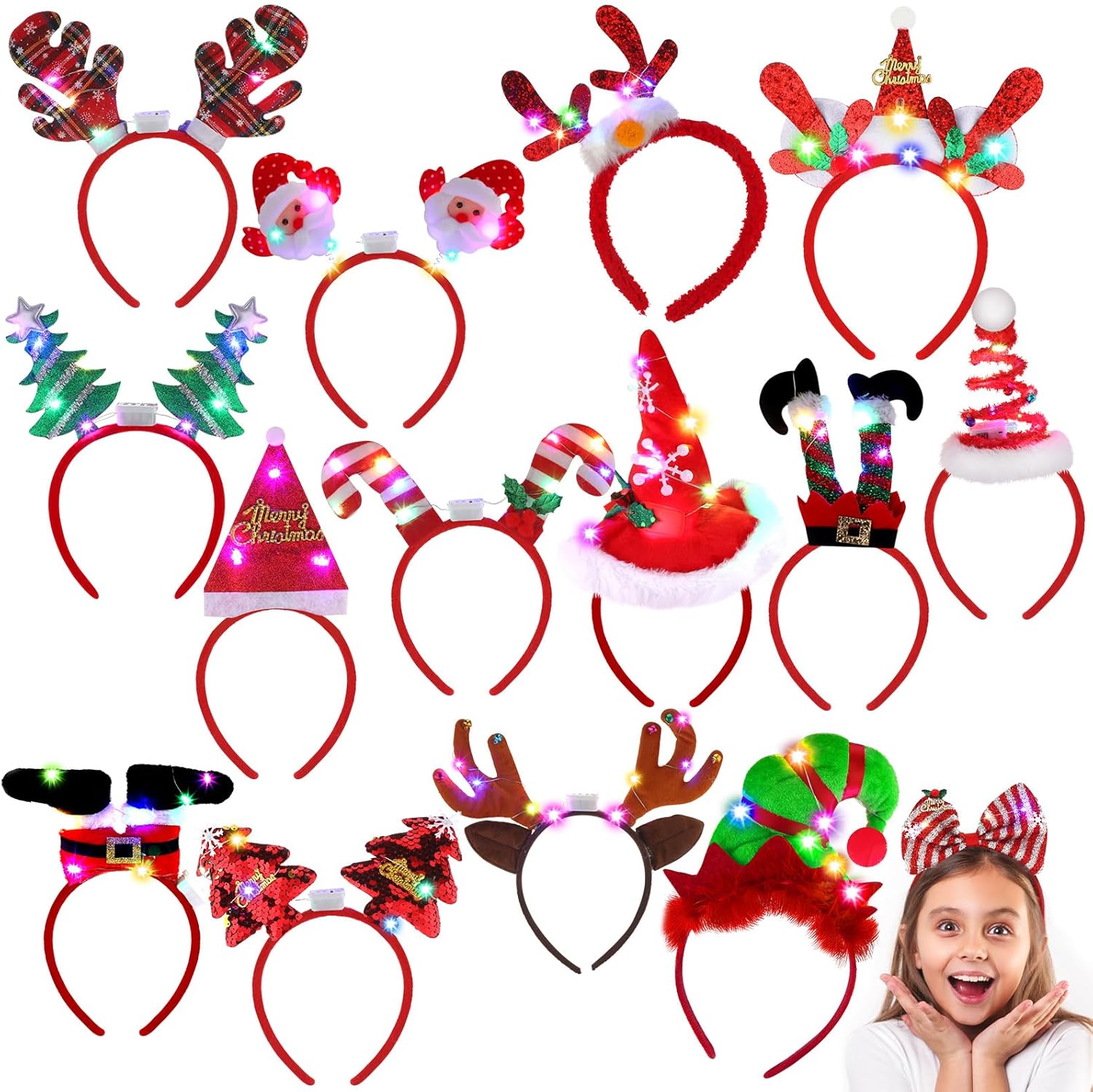 Wettarn 16 diademas LED de Navidad iluminadas, diademas de Navidad, reno, sombrero de Papá Noel, árbol de Navidad, diademas iluminadas para el
