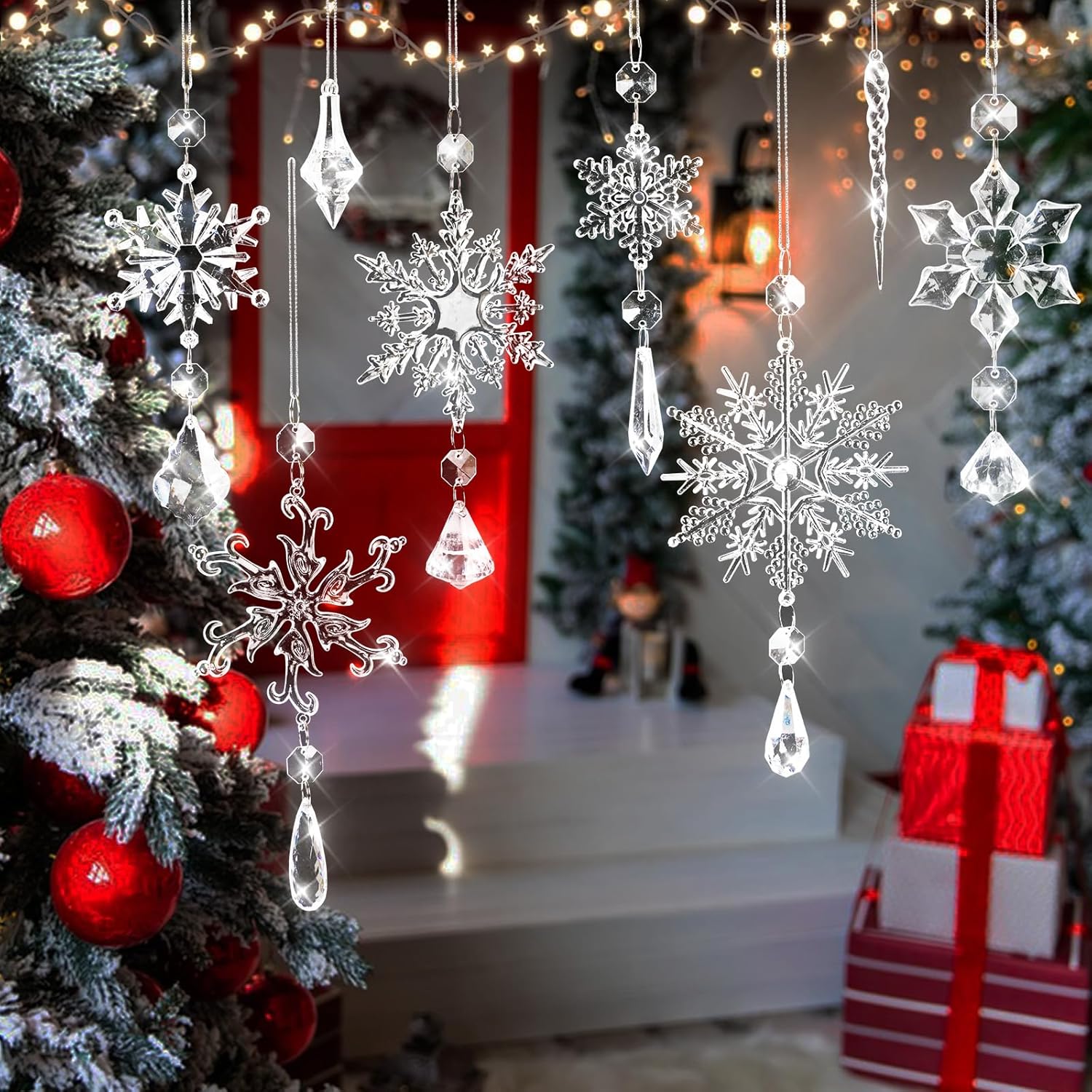 Adornos para árbol de Navidad, 16 piezas de adornos de copo de nieve de cristal, decoraciones colgantes de acrílico carámbanos de copo de nieve,